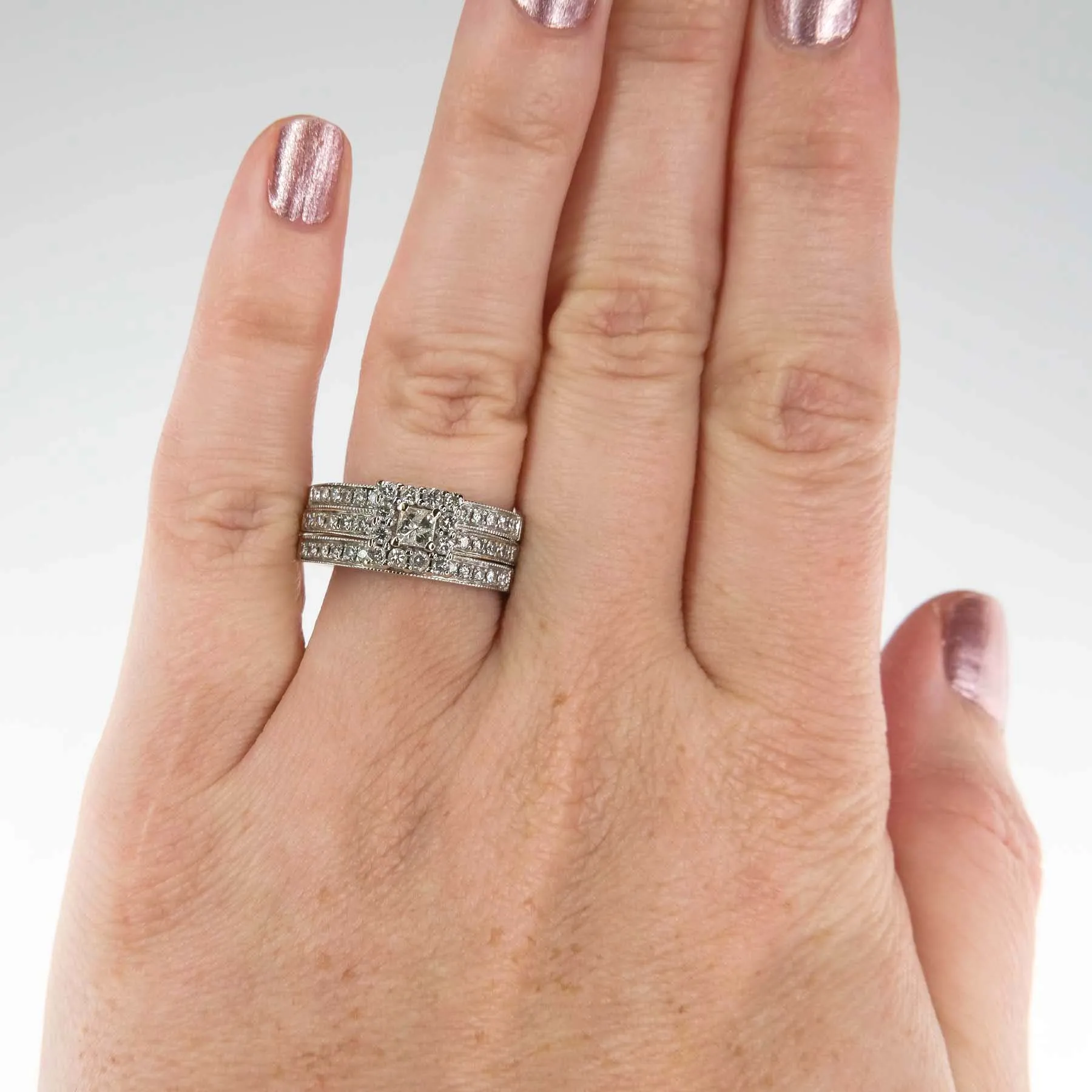 0.25ctw Princess Diamond Halo & Accented Bridal Ring Set in 14K White Gold
