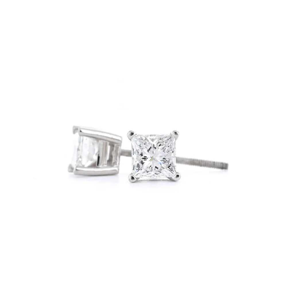 1.04ctw Princess Diamond Stud Earrings - 14K White Gold