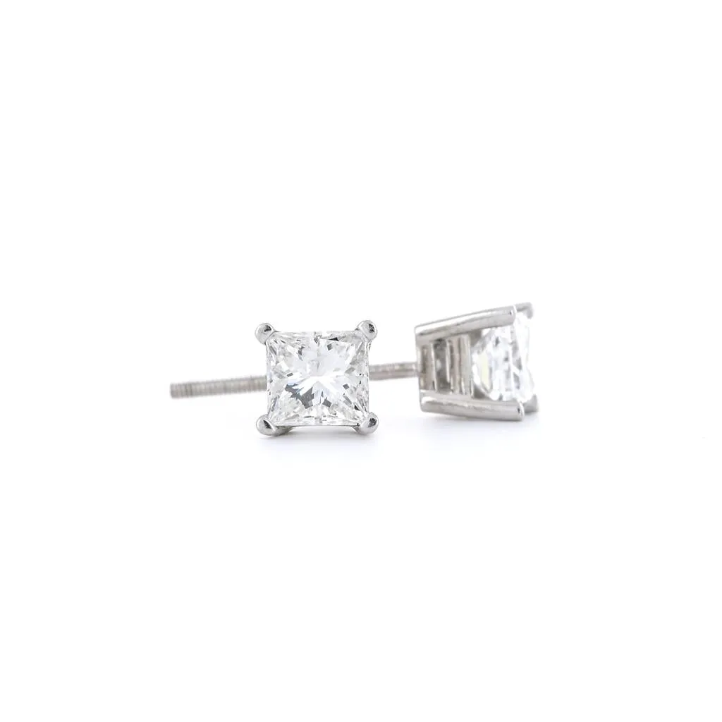 1.04ctw Princess Diamond Stud Earrings - 14K White Gold