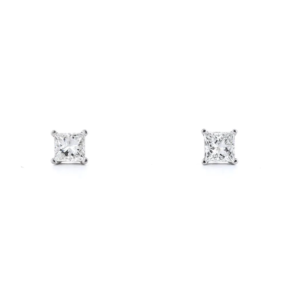 1.04ctw Princess Diamond Stud Earrings - 14K White Gold