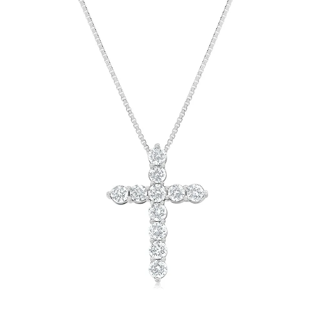 14ct White Gold 1.90 Carat Diamond Cross Pendant with Round Brilliant Cut Diamond on 45cm Chain
