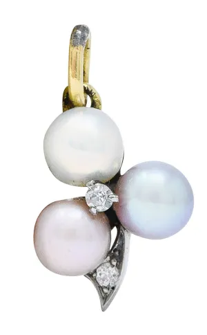 1900 Edwardian Diamond Pearl Platinum-Topped 18 Karat Gold Clover Charm