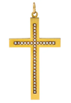 1900 Victorian Natural Freshwater Pearl 14 Karat Gold Cross Pendant