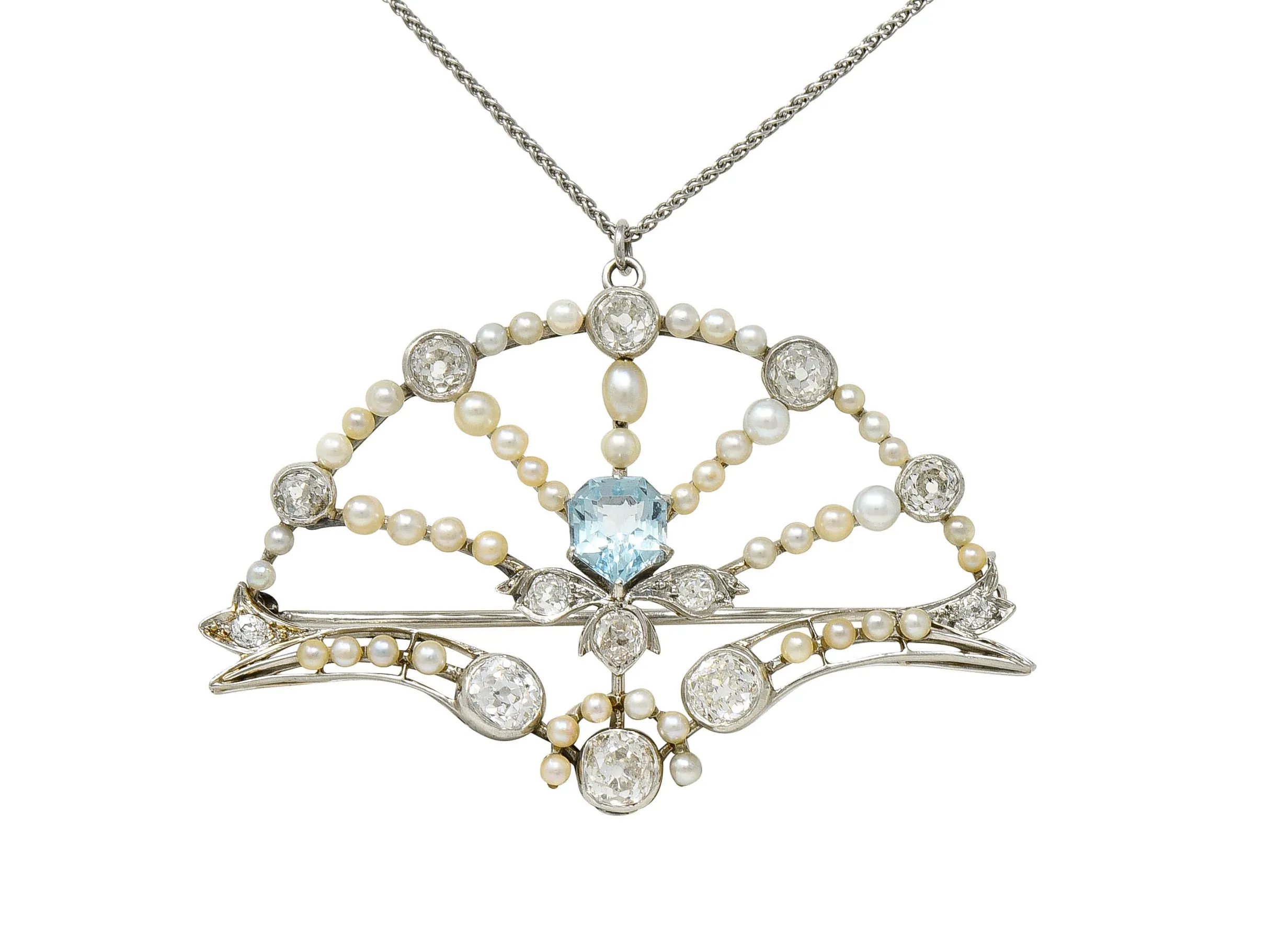 1910 Frank Walter Lawrence Pearl Diamond Platinum Fanned Pendant Brooch Necklace
