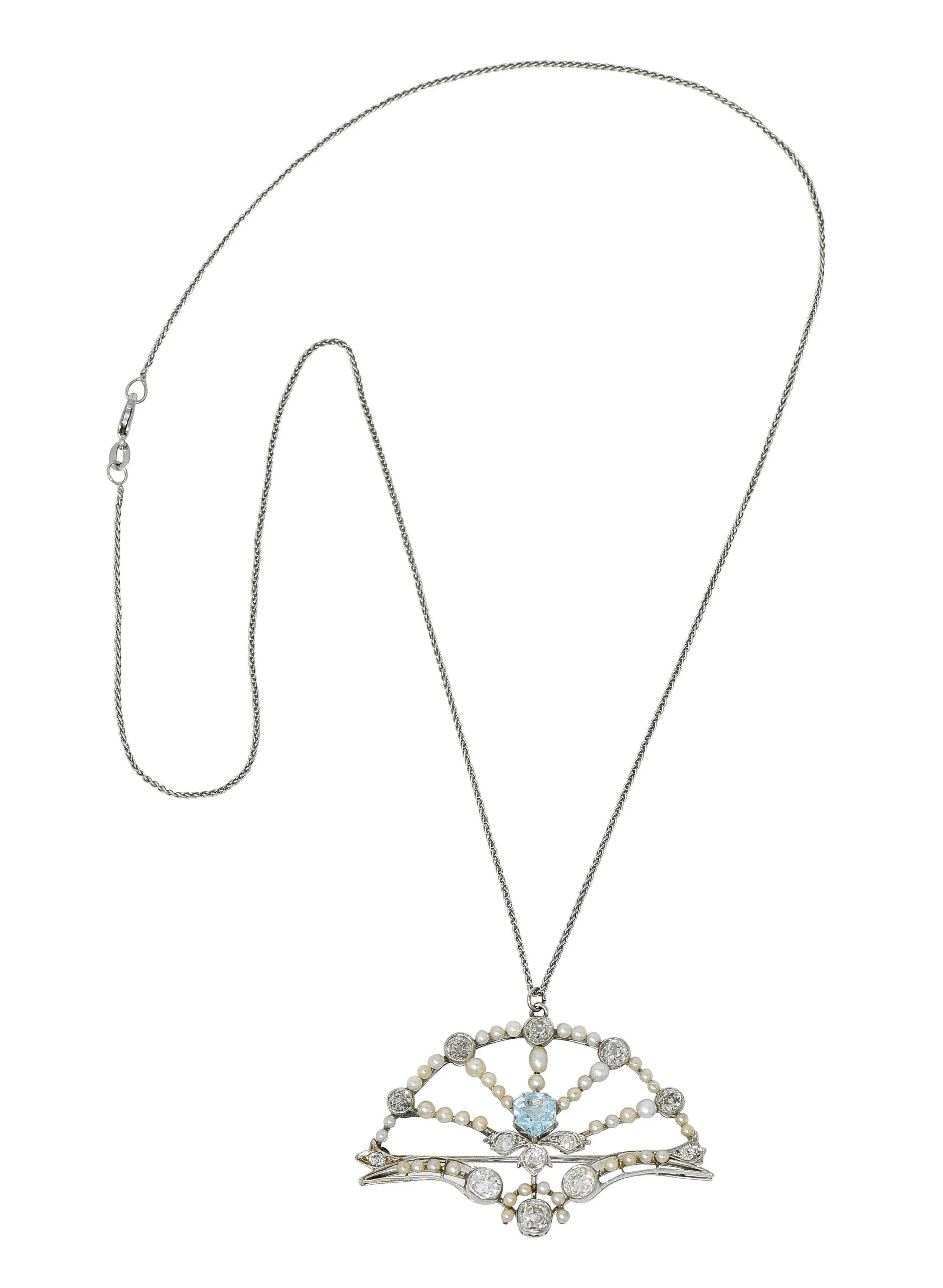 1910 Frank Walter Lawrence Pearl Diamond Platinum Fanned Pendant Brooch Necklace