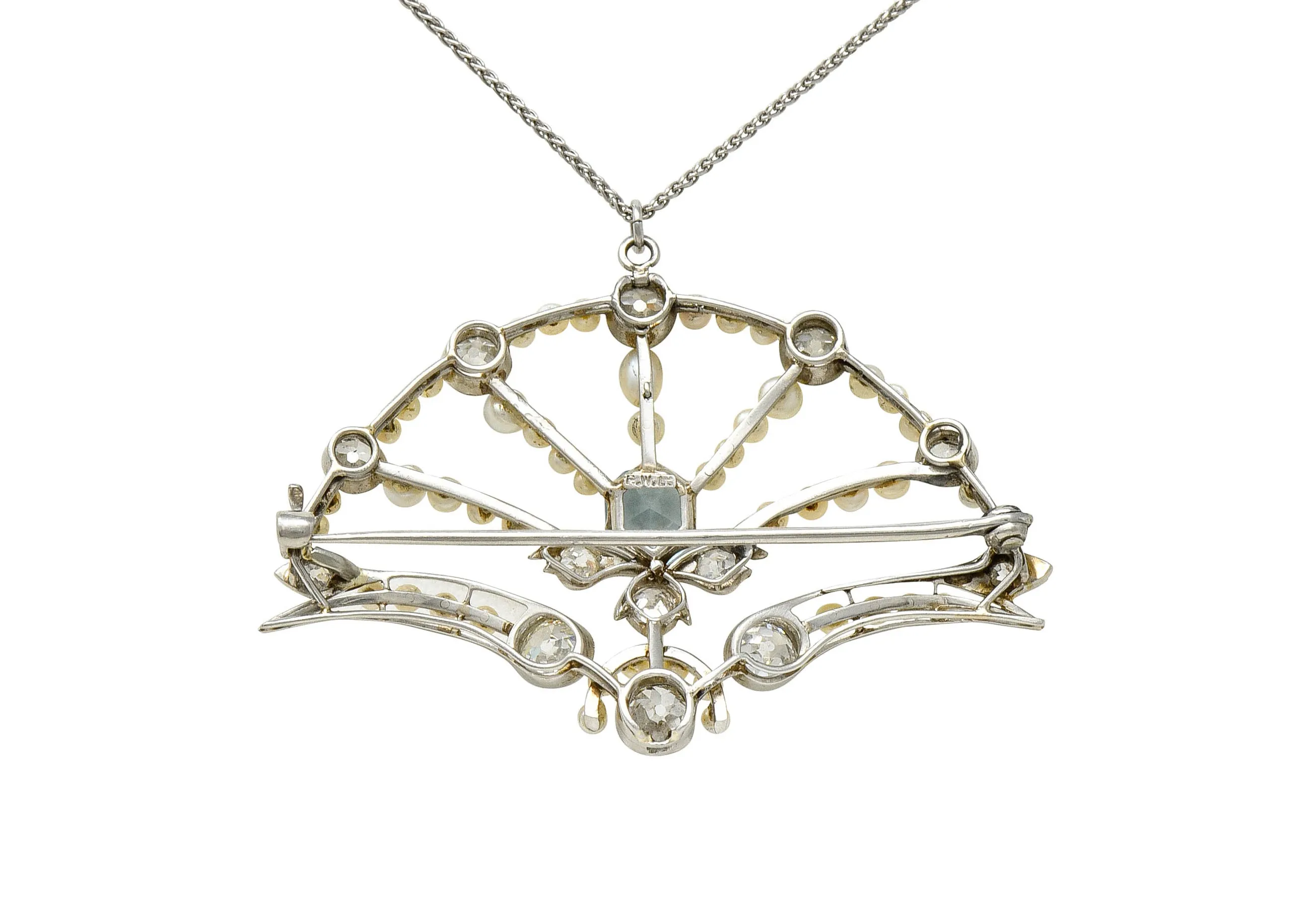 1910 Frank Walter Lawrence Pearl Diamond Platinum Fanned Pendant Brooch Necklace