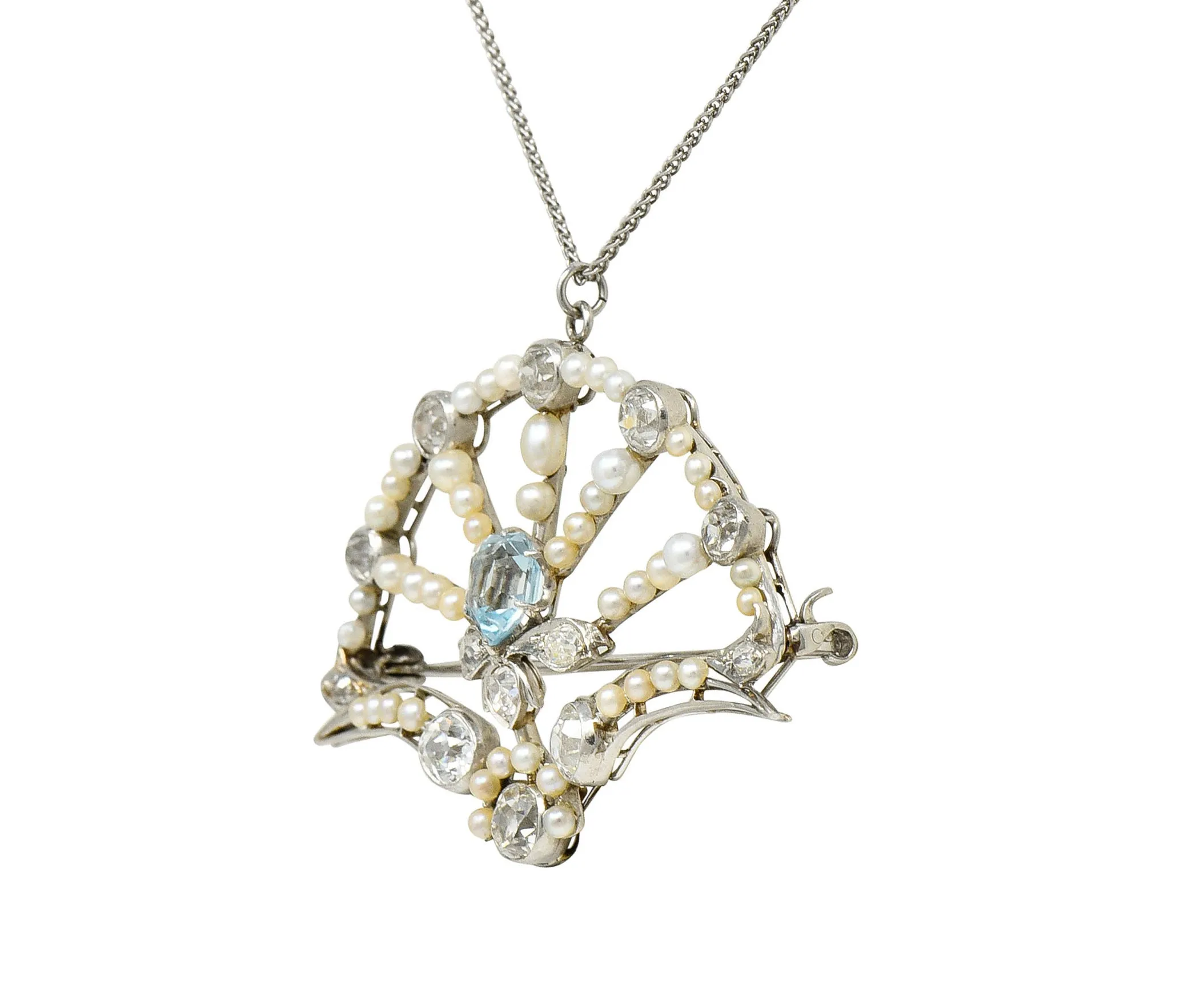 1910 Frank Walter Lawrence Pearl Diamond Platinum Fanned Pendant Brooch Necklace