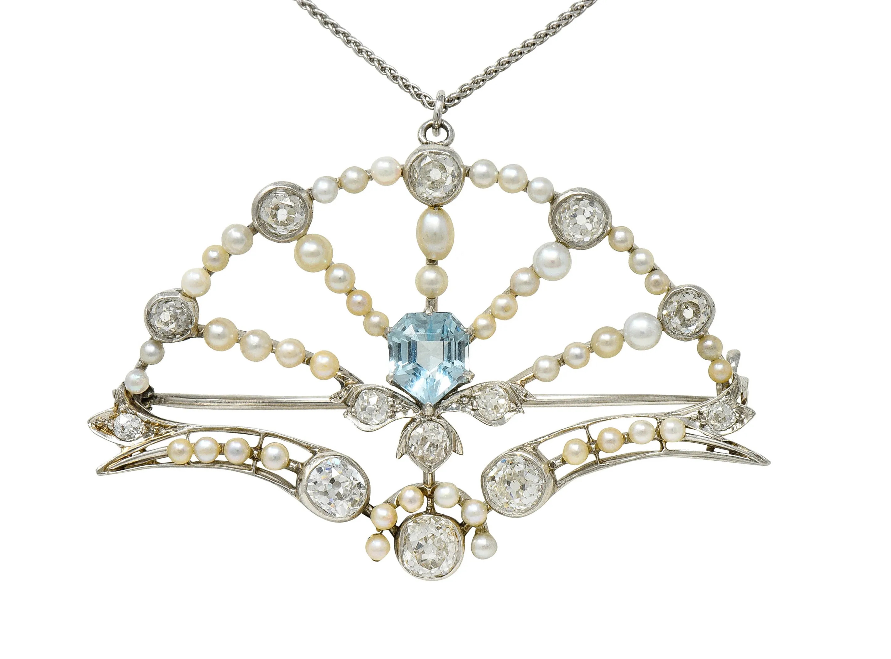 1910 Frank Walter Lawrence Pearl Diamond Platinum Fanned Pendant Brooch Necklace