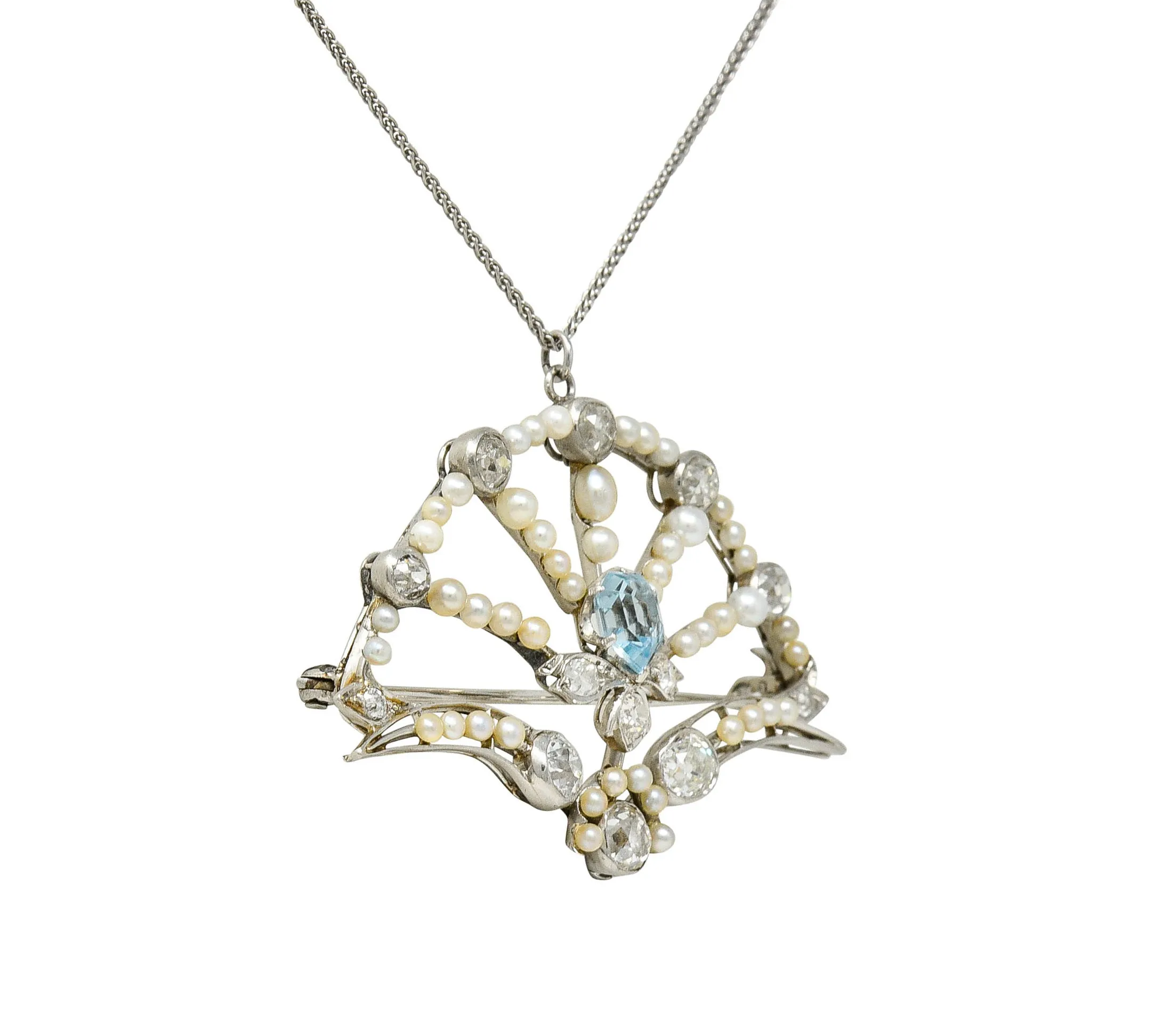 1910 Frank Walter Lawrence Pearl Diamond Platinum Fanned Pendant Brooch Necklace