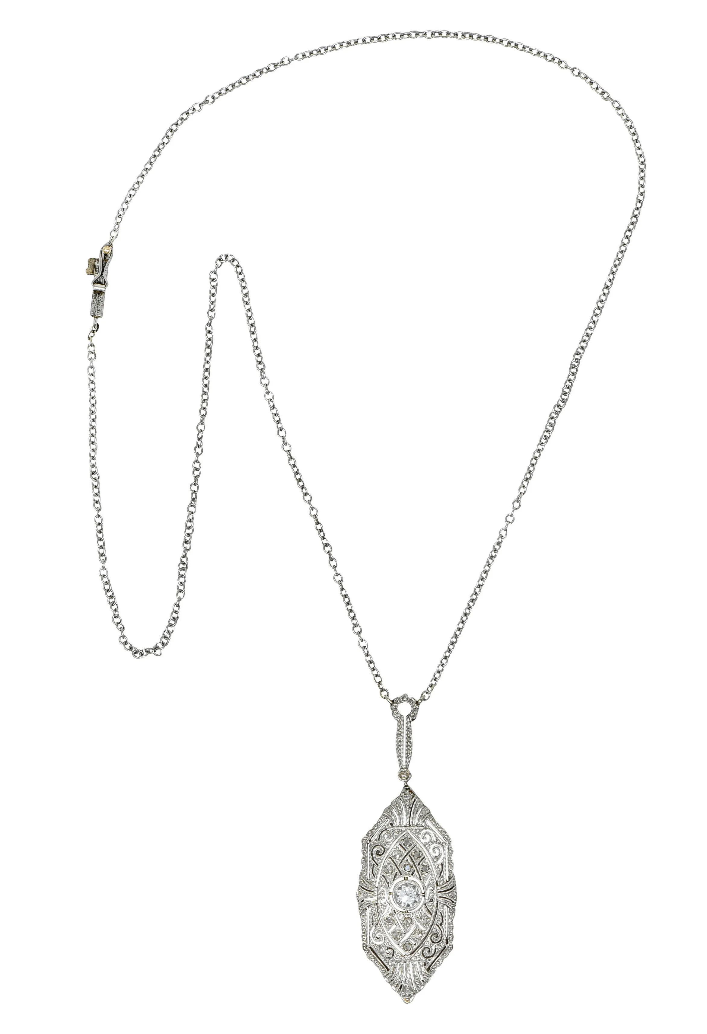 1920's Art Deco Diamond Platinum-Topped 14 Karat White Gold Drop Necklace