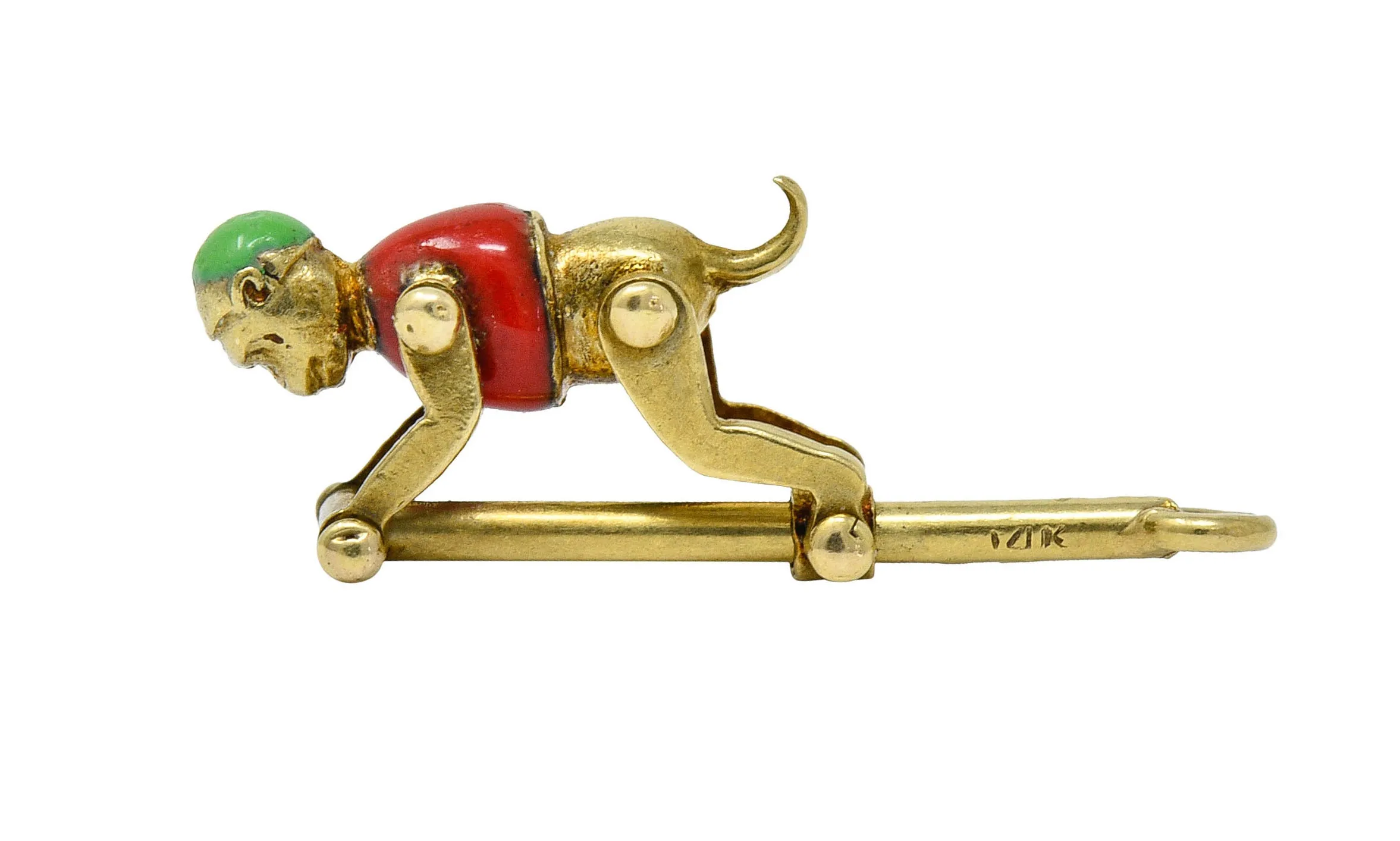 1940's Retro Enamel 14 Karat Gold Articulated Circus Monkey Charm