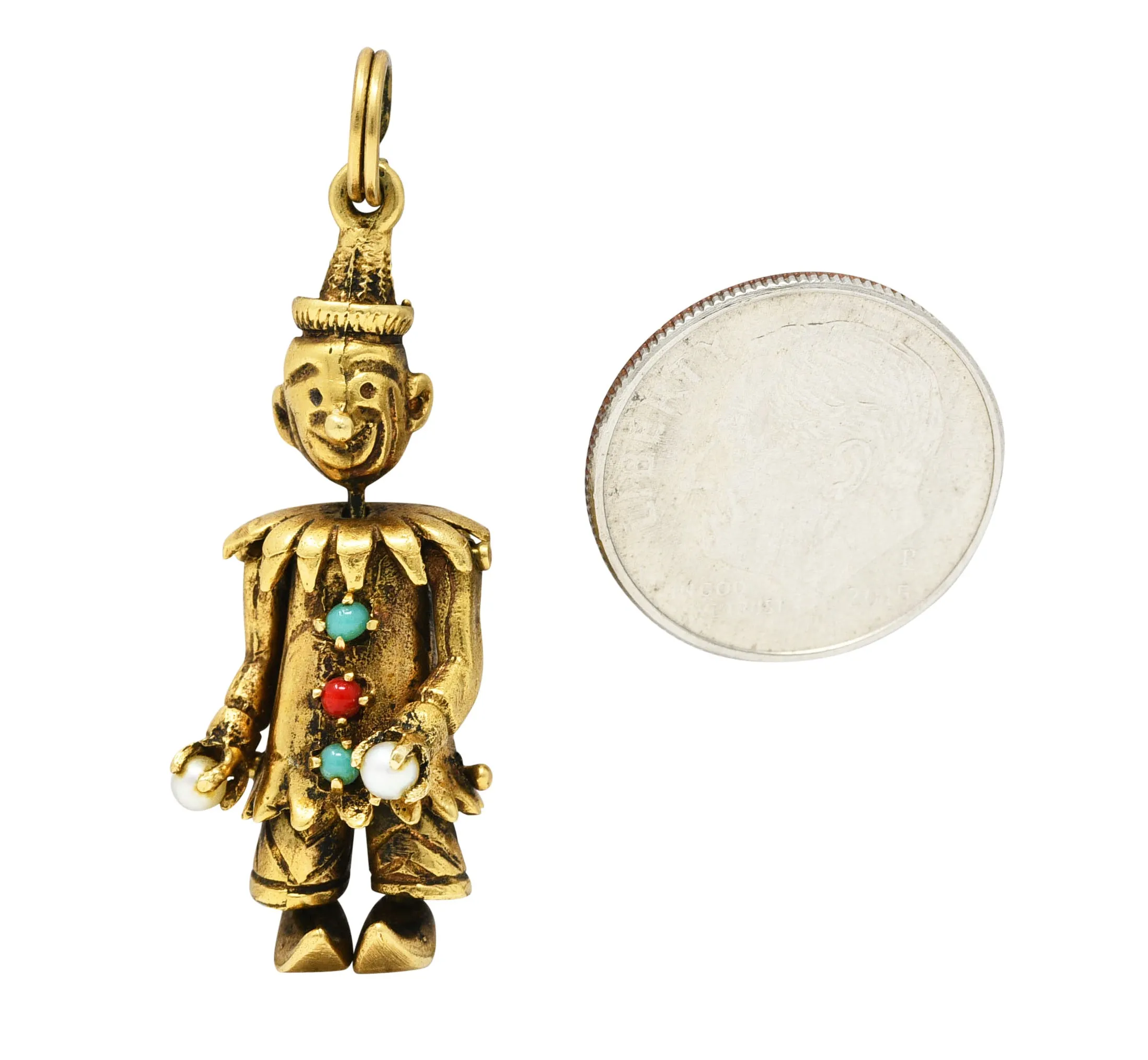 1950's Pearl Glass 14 Karat Yellow Gold Vintage Juggling Clown Charm