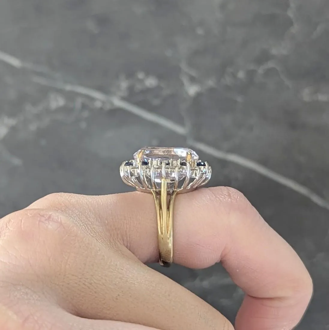 1980's Kunzite Sapphire Diamond 18 Karat Two-Tone Vintage Halo Ring