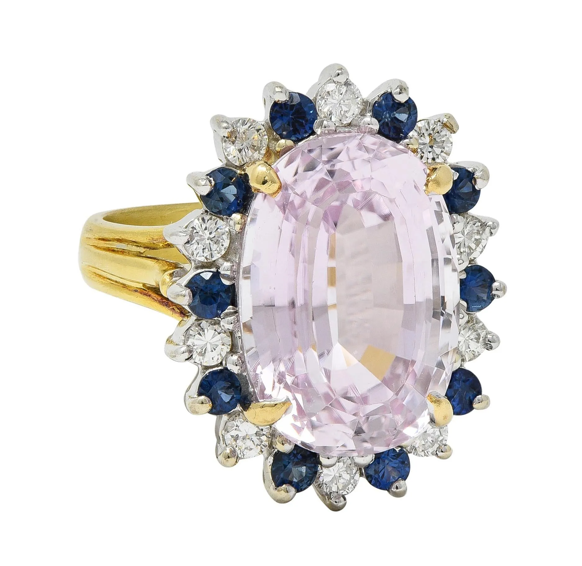 1980's Kunzite Sapphire Diamond 18 Karat Two-Tone Vintage Halo Ring