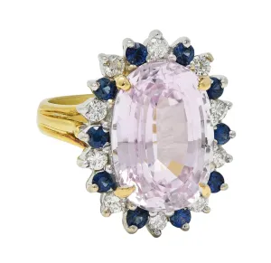 1980's Kunzite Sapphire Diamond 18 Karat Two-Tone Vintage Halo Ring