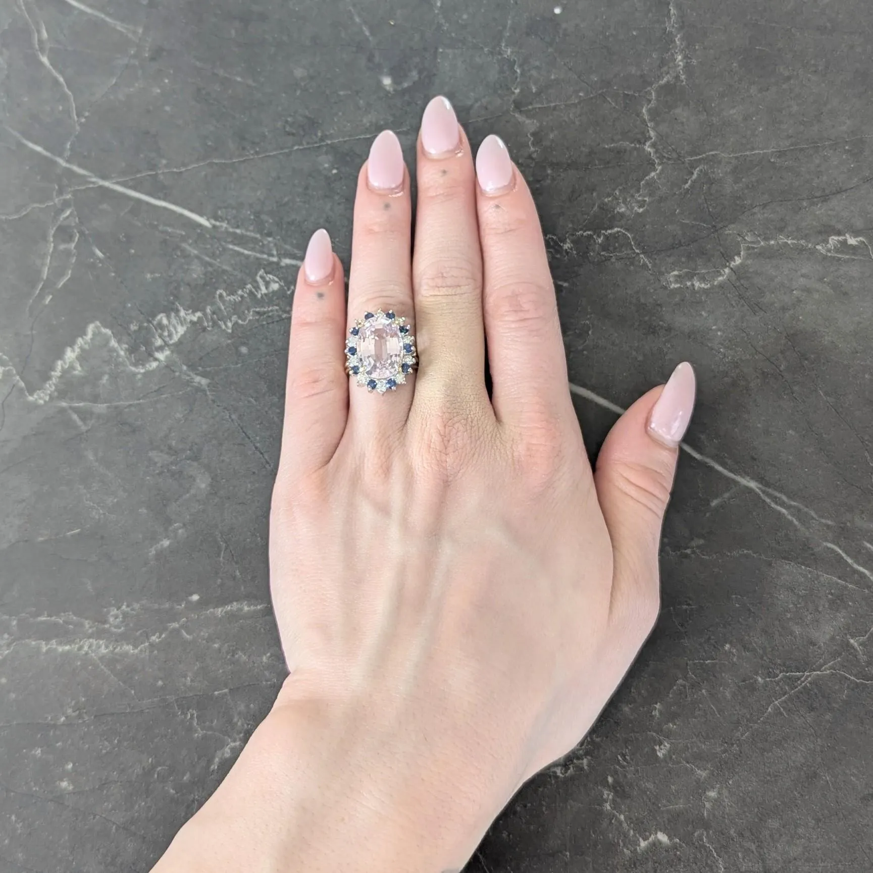 1980's Kunzite Sapphire Diamond 18 Karat Two-Tone Vintage Halo Ring