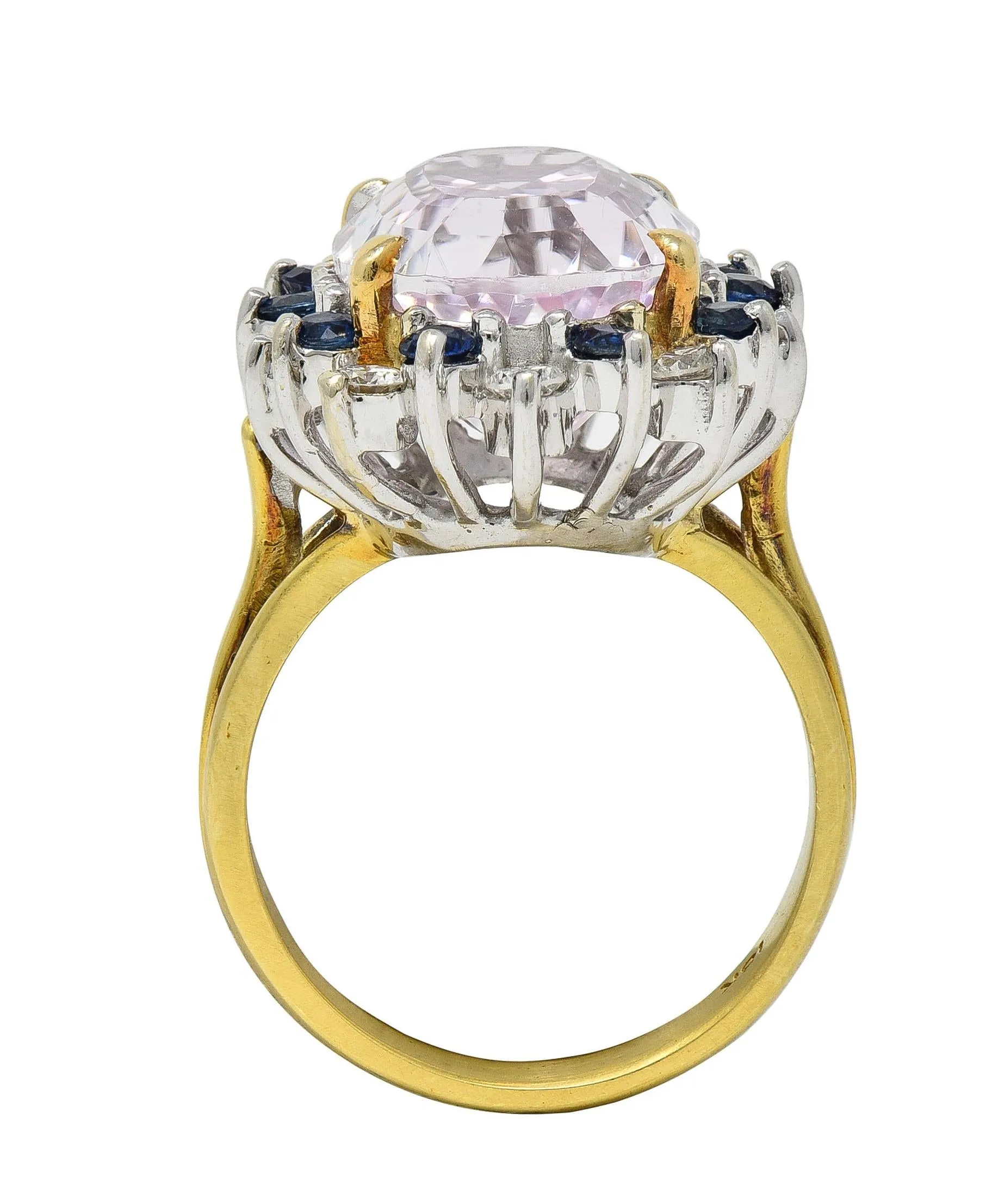 1980's Kunzite Sapphire Diamond 18 Karat Two-Tone Vintage Halo Ring