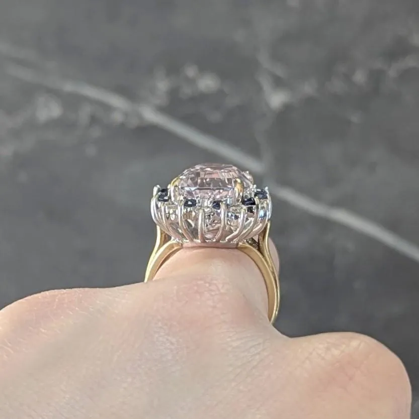 1980's Kunzite Sapphire Diamond 18 Karat Two-Tone Vintage Halo Ring