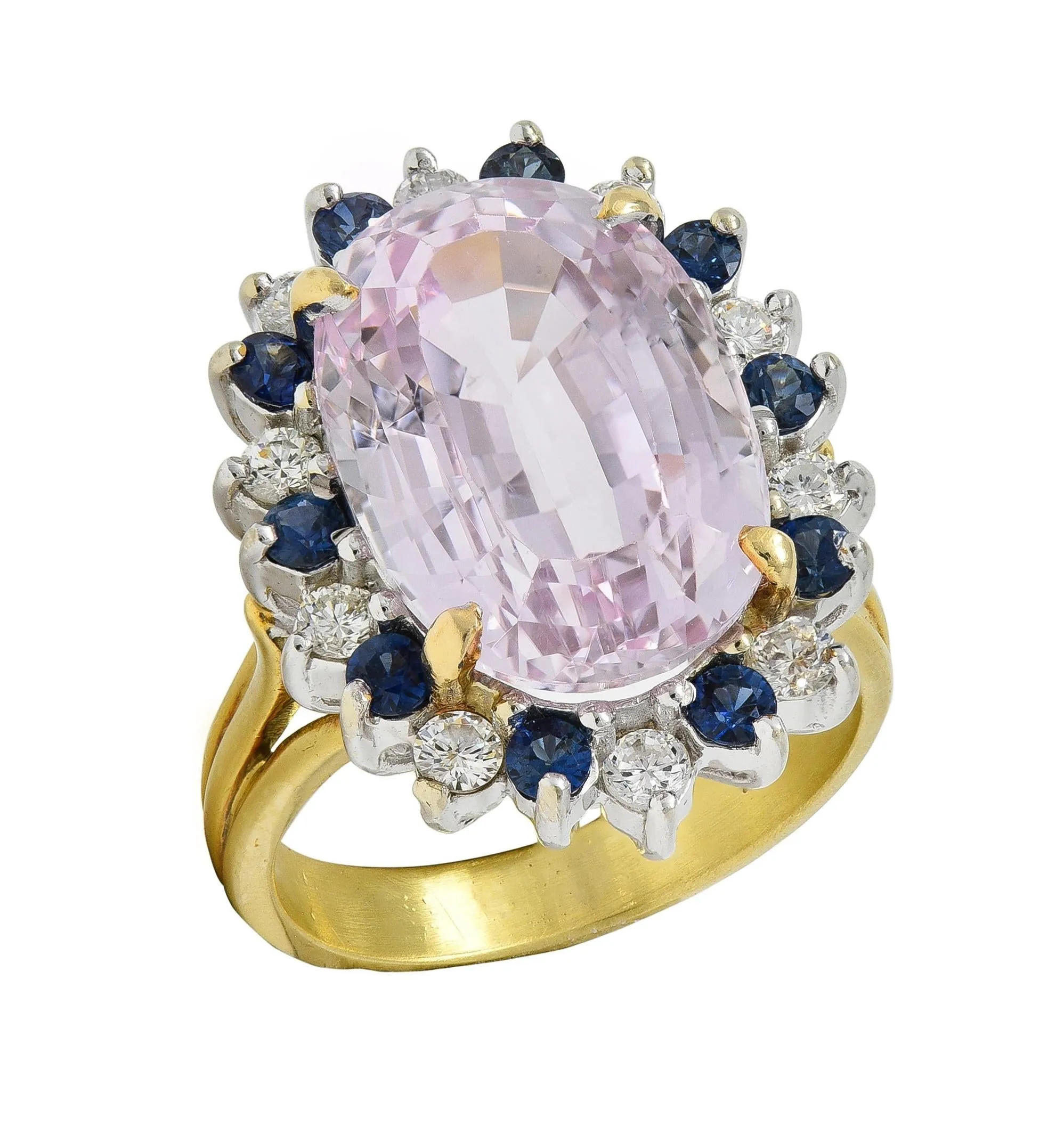 1980's Kunzite Sapphire Diamond 18 Karat Two-Tone Vintage Halo Ring