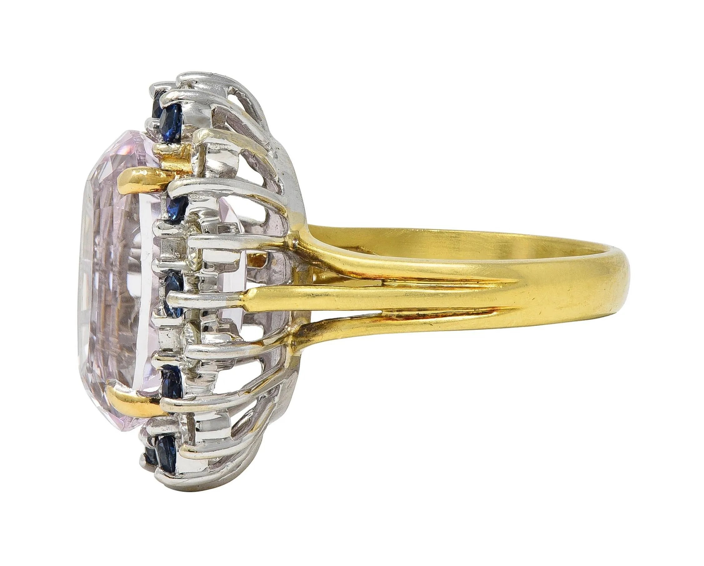 1980's Kunzite Sapphire Diamond 18 Karat Two-Tone Vintage Halo Ring