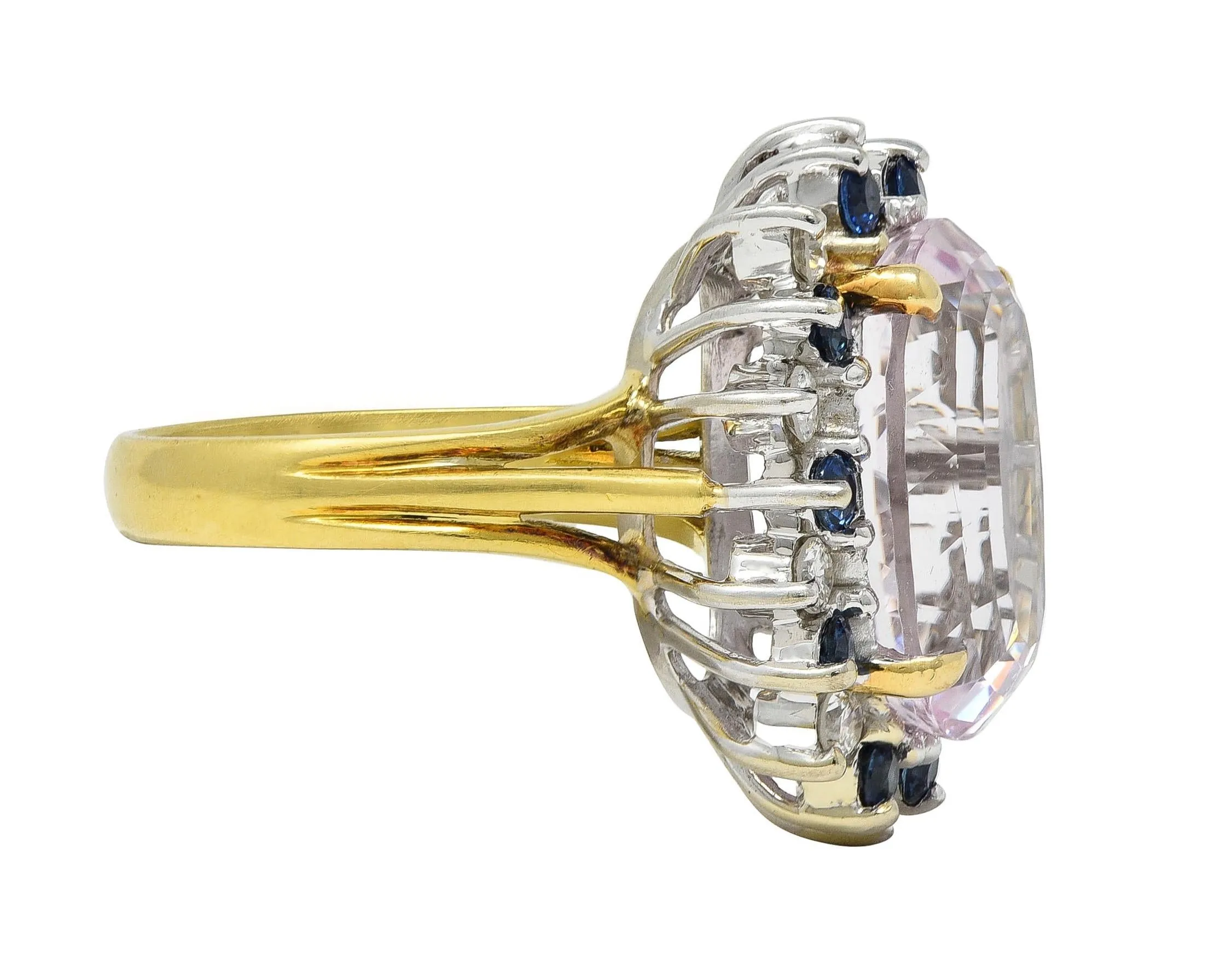 1980's Kunzite Sapphire Diamond 18 Karat Two-Tone Vintage Halo Ring