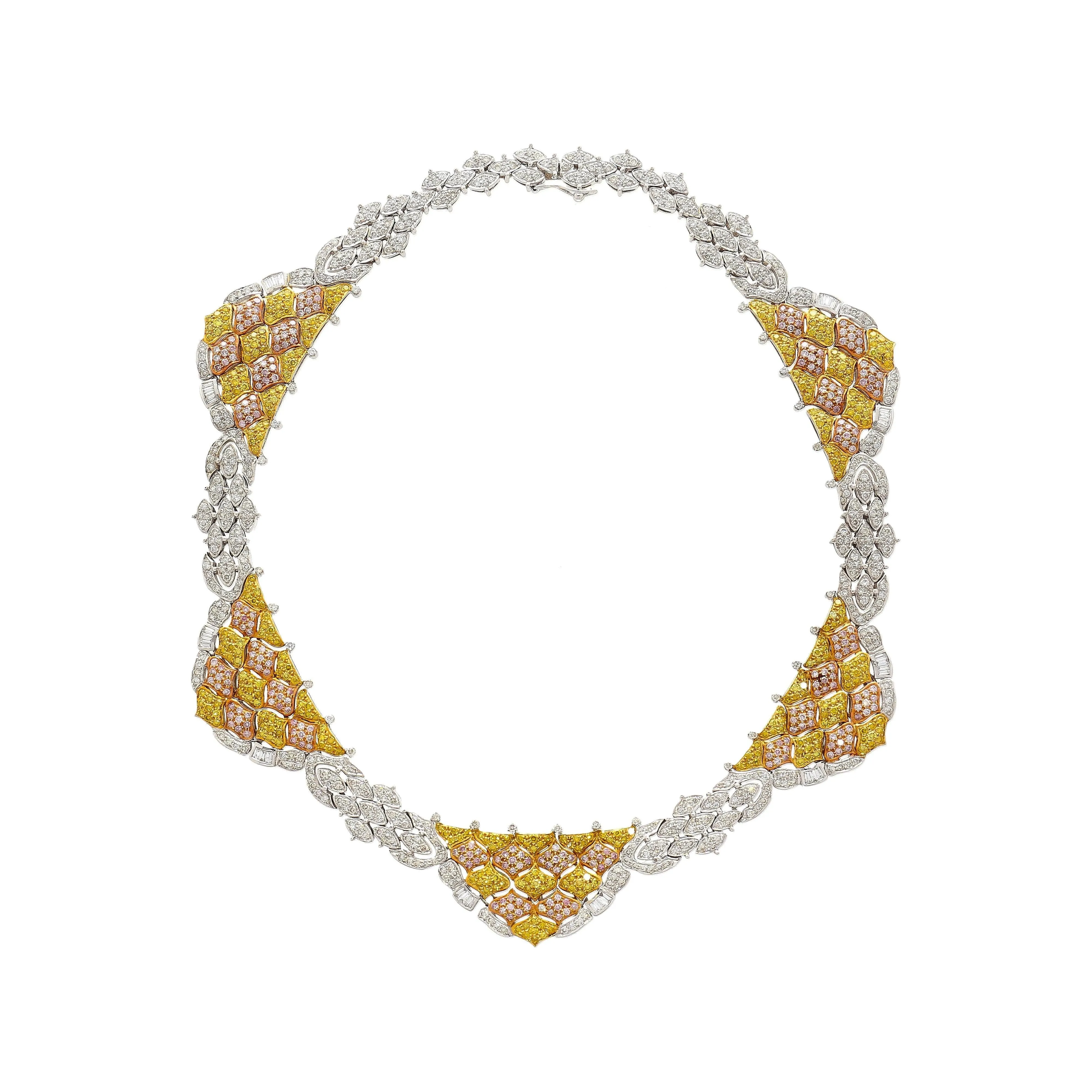 43 Carat 3 Tone Gold & Diamond Pave Necklace and Earring Set