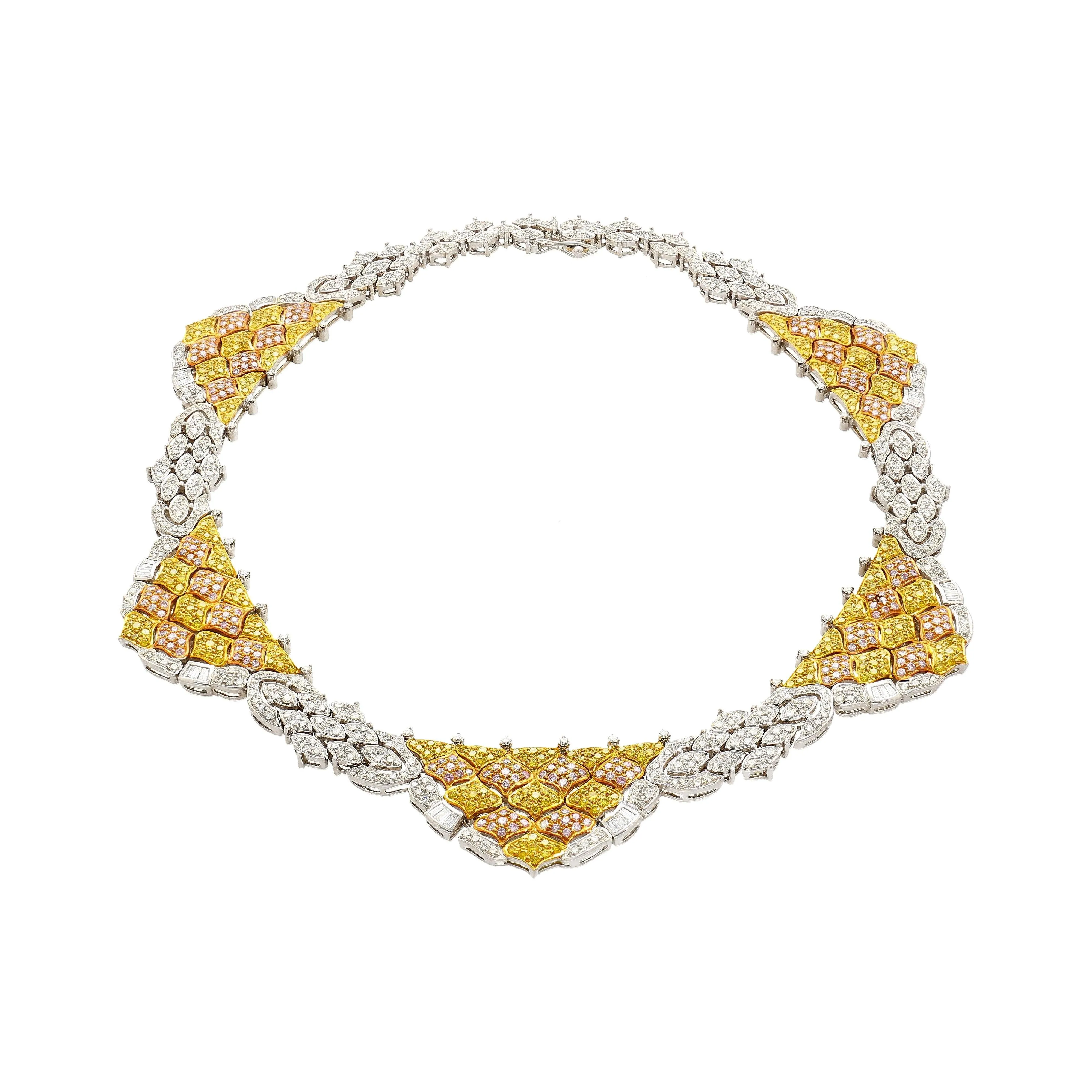 43 Carat 3 Tone Gold & Diamond Pave Necklace and Earring Set