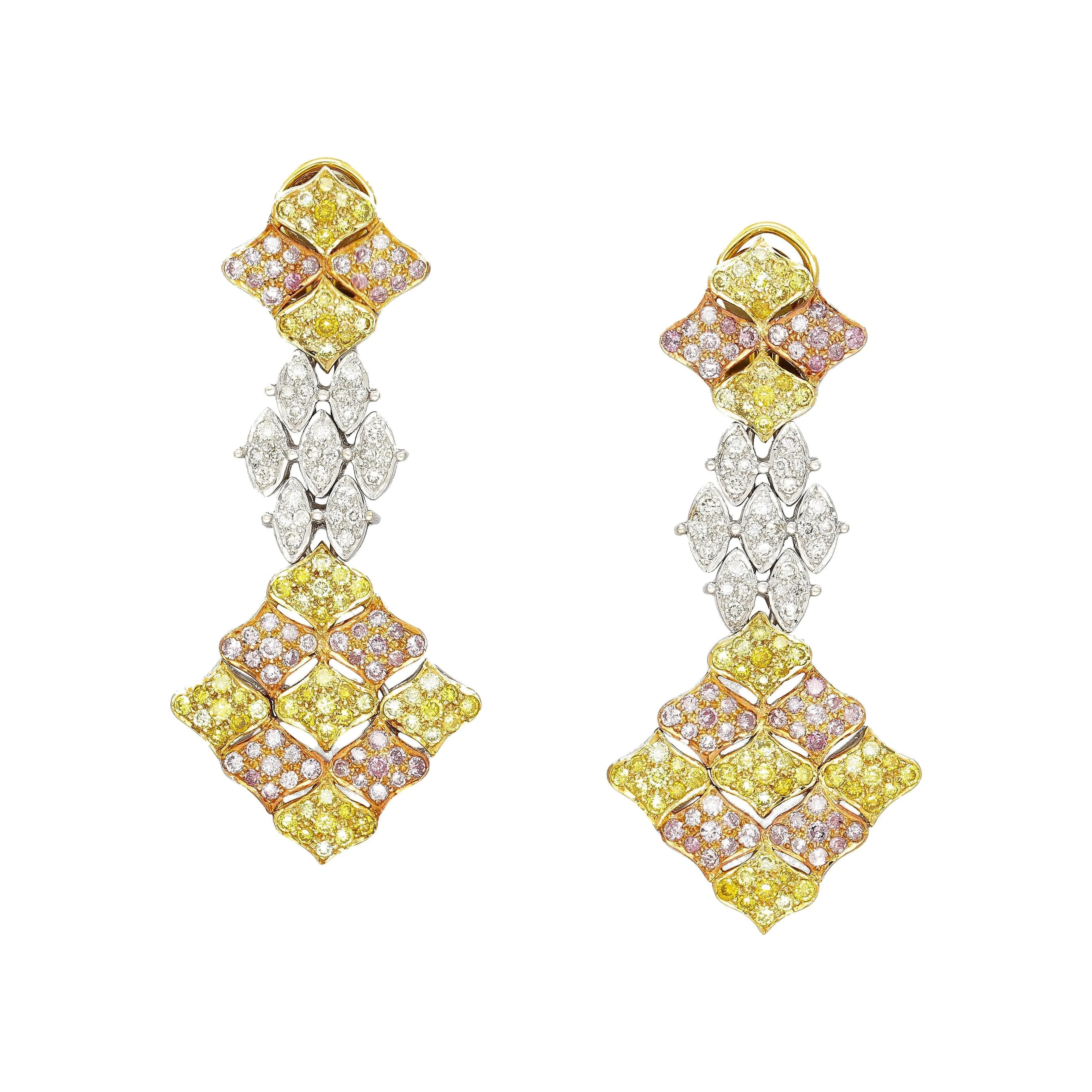 43 Carat 3 Tone Gold & Diamond Pave Necklace and Earring Set