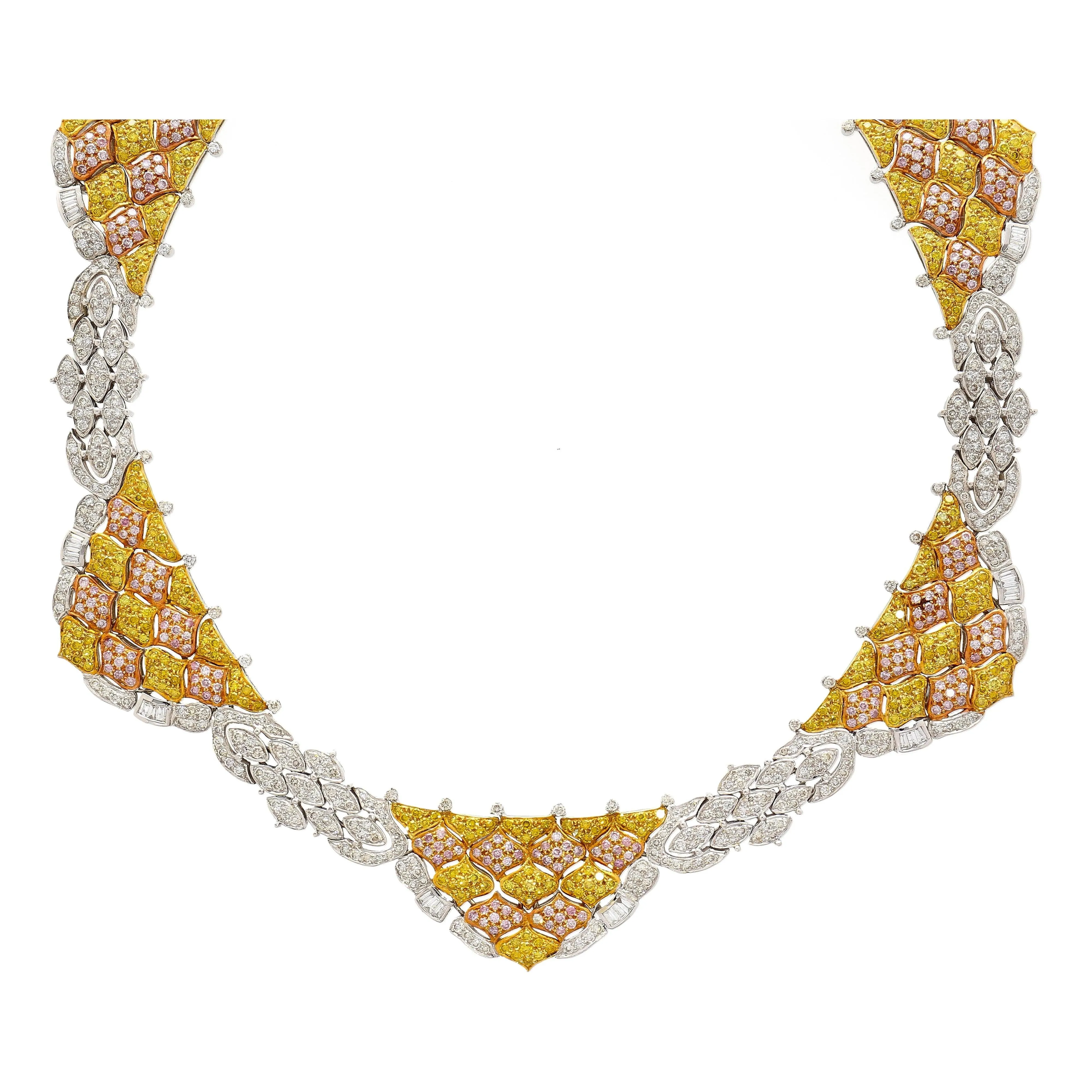 43 Carat 3 Tone Gold & Diamond Pave Necklace and Earring Set
