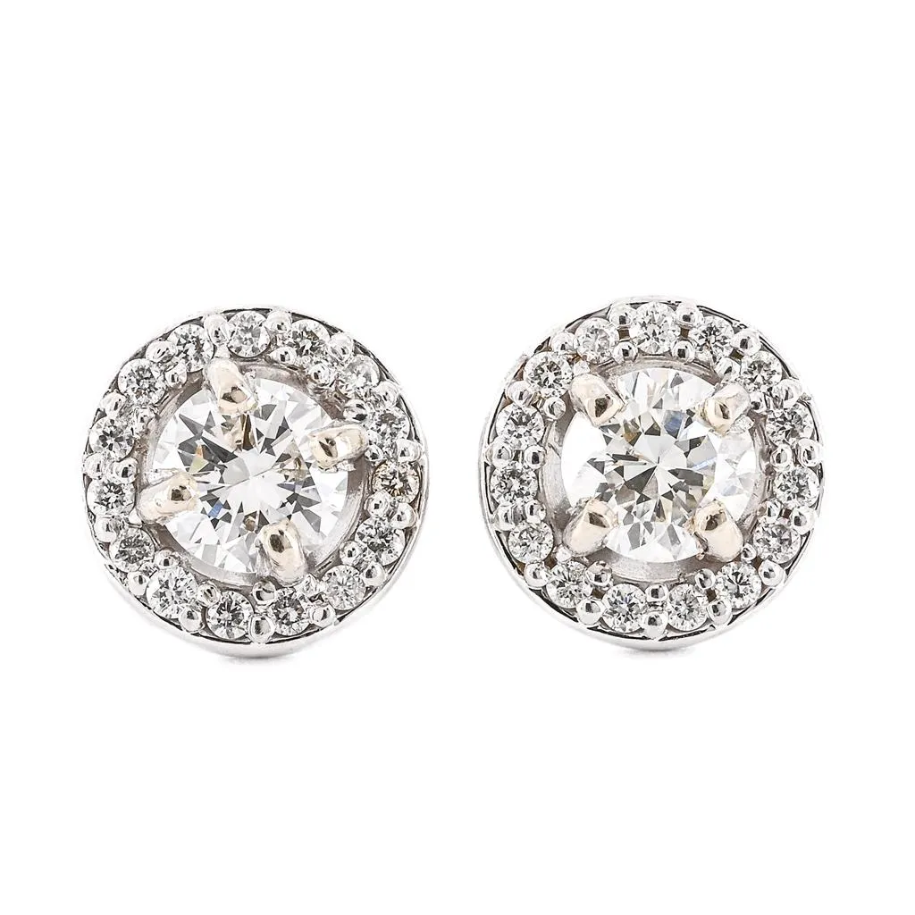 .63CTW Round Diamond Stud Earrings - 4 Prong   Halo - 14K White Gold