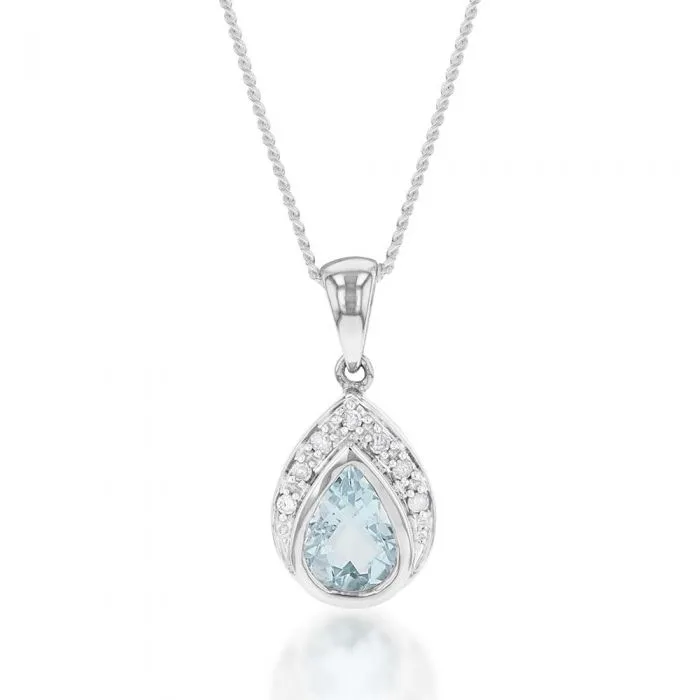 9ct White Gold Aquamarine   7 Diamond Pendant