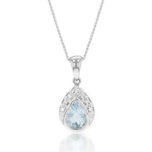 9ct White Gold Aquamarine   7 Diamond Pendant