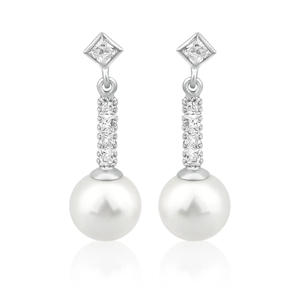 9ct White Gold Cubic Zirconia   Pearl Drop Earrings