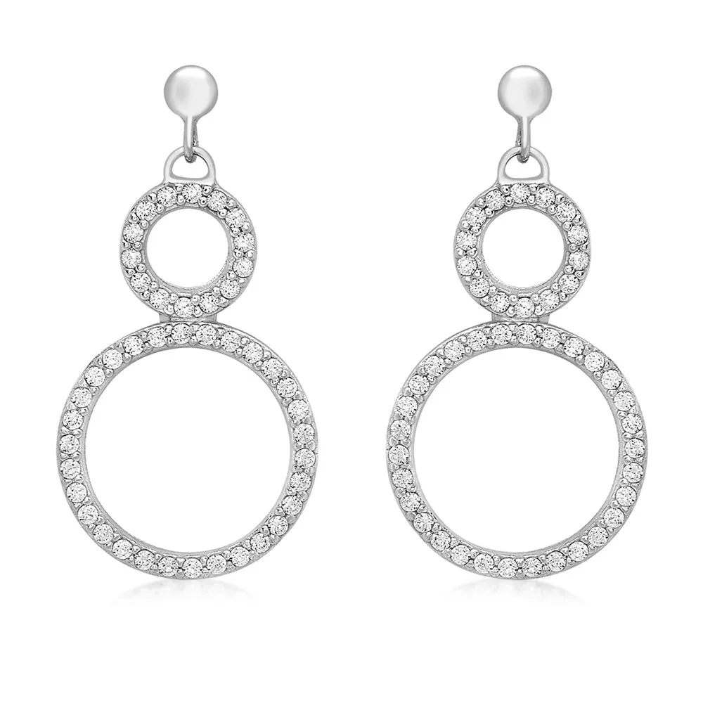 9ct White Gold Zirconia Double Circle Drop Earrings