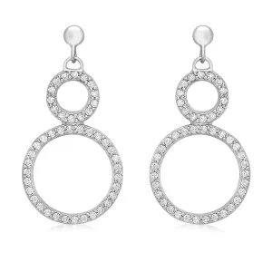 9ct White Gold Zirconia Double Circle Drop Earrings
