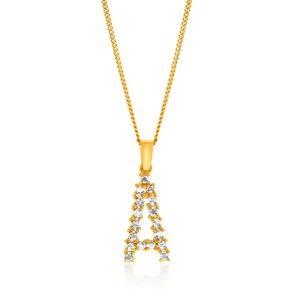 9ct Yellow And White Gold Two Tone Diamond Cut Initial "A" Pendant