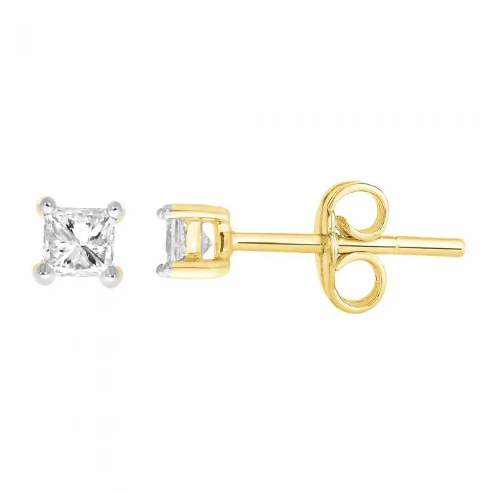 9ct Yellow Gold  0.05 Carat Princess Diamond Stud Earrings
