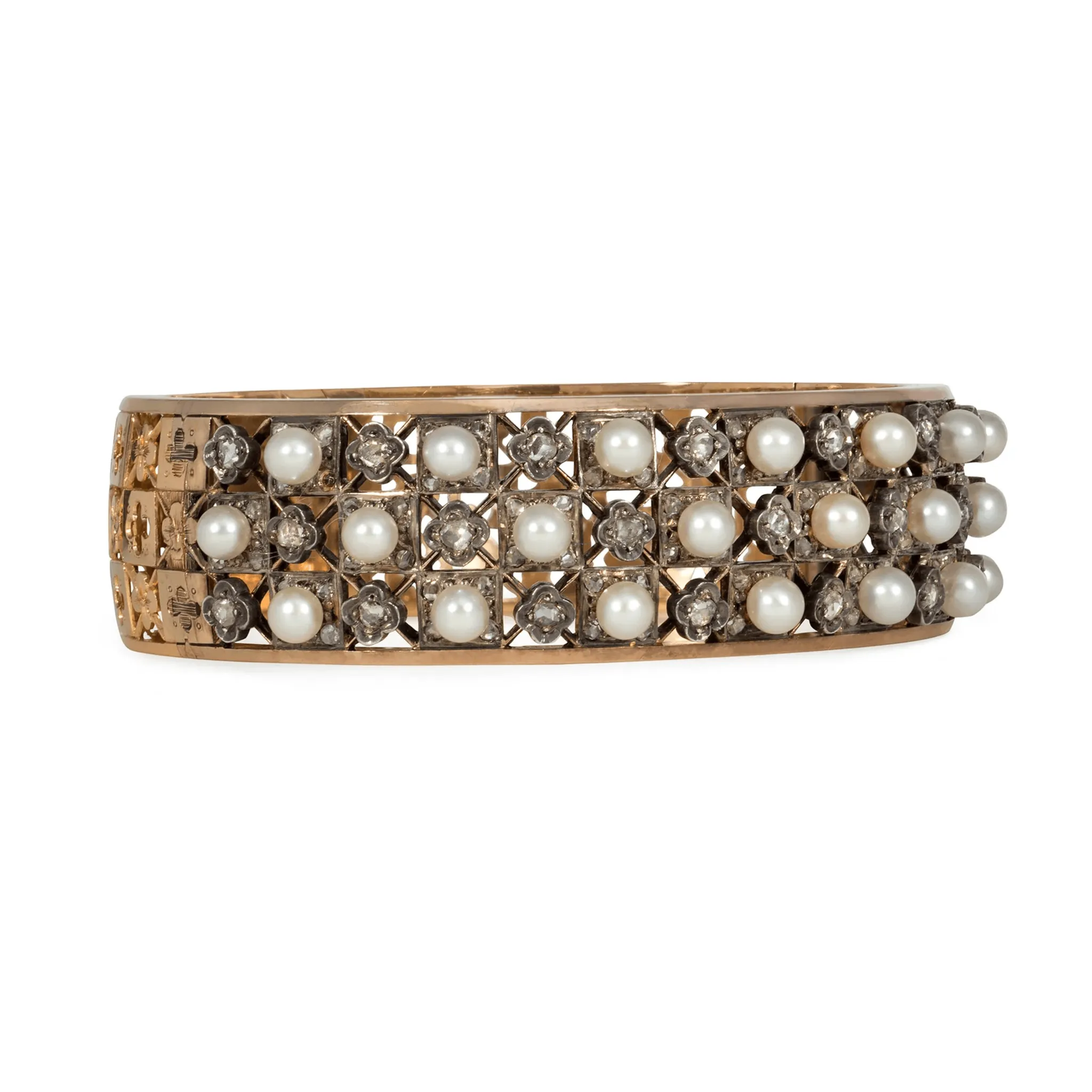 Antique 18KT Yellow Gold Diamond & Pearl Bracelet