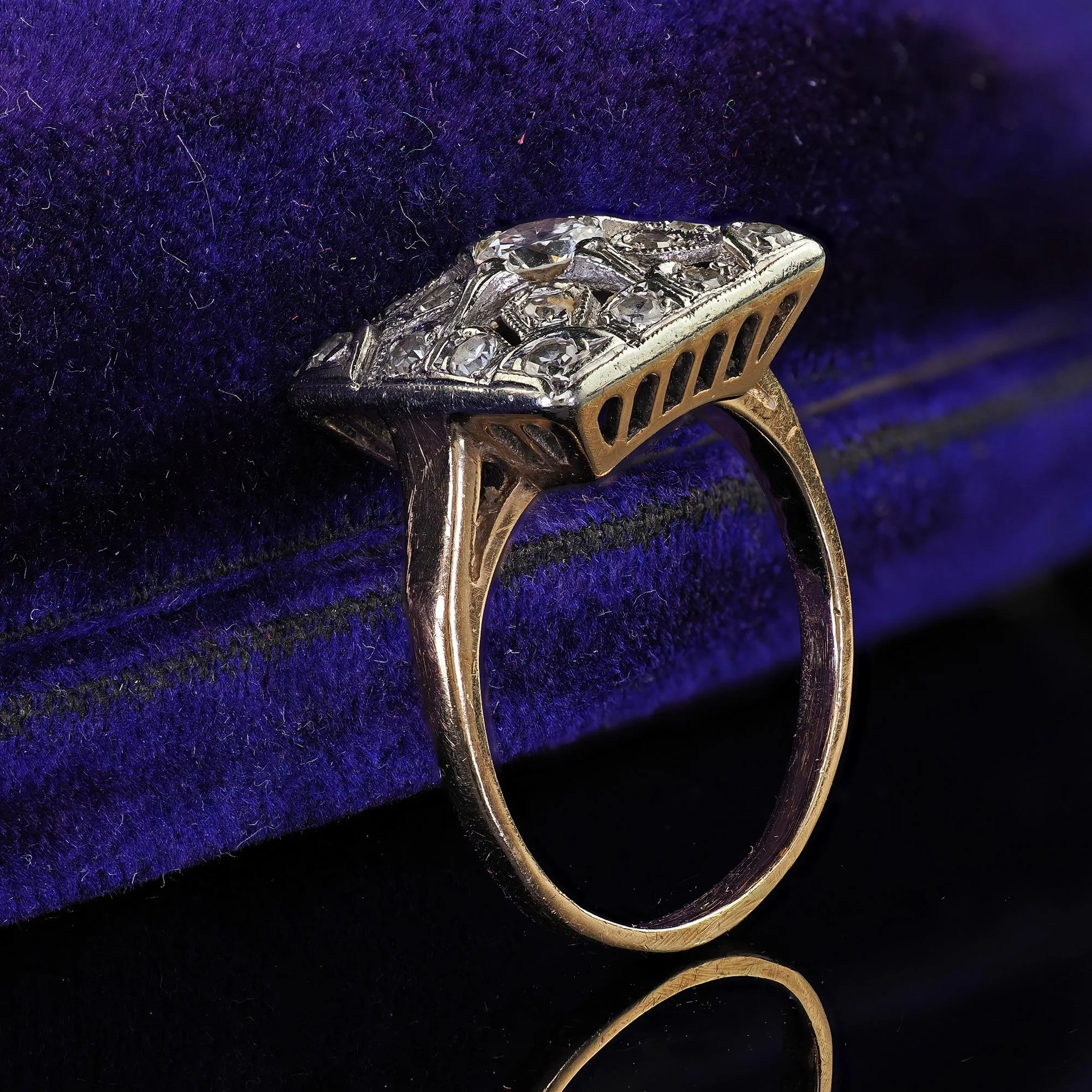 Antique Art Deco 14K Two Tone Gold Old Cut Diamond Filigree Cocktail Ring