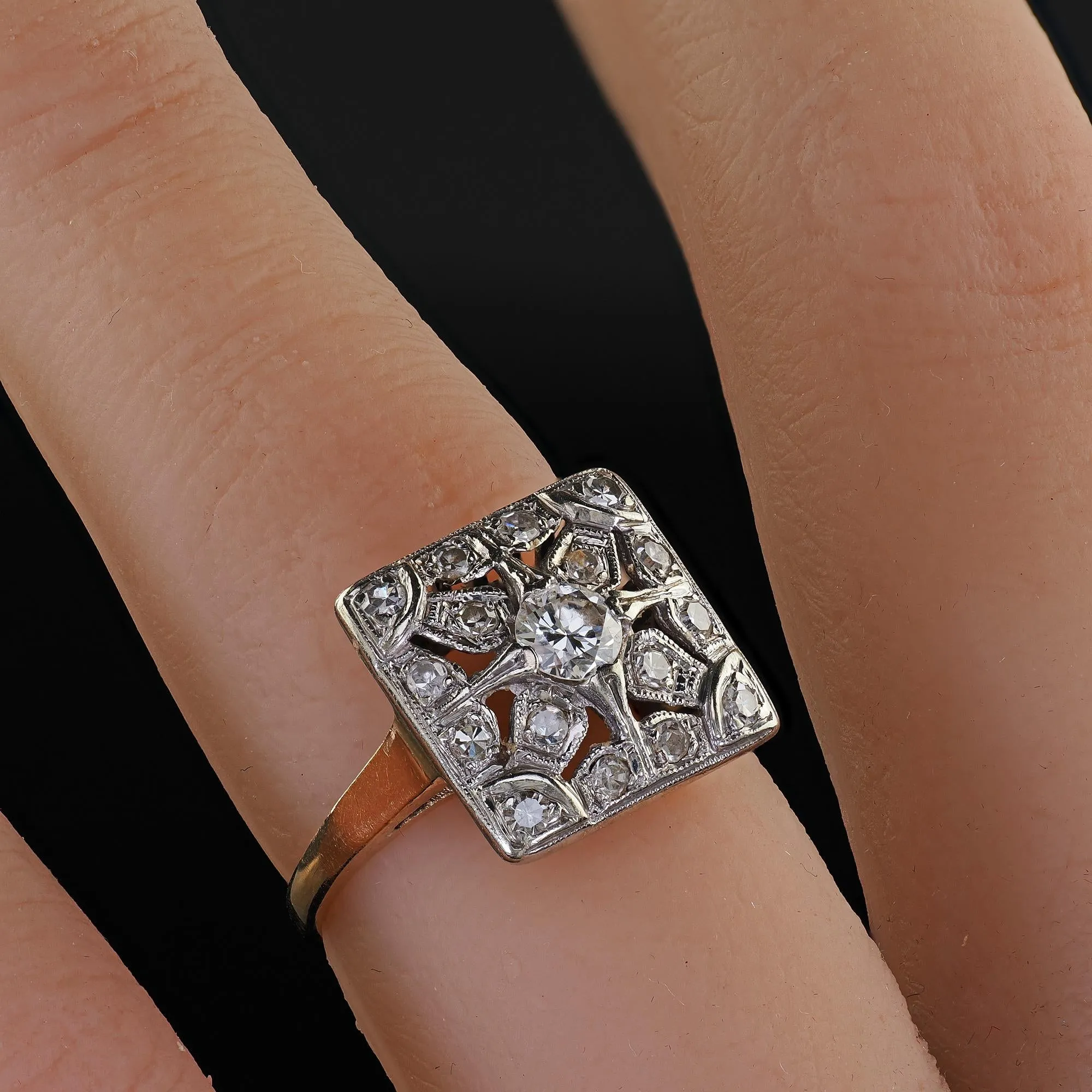 Antique Art Deco 14K Two Tone Gold Old Cut Diamond Filigree Cocktail Ring