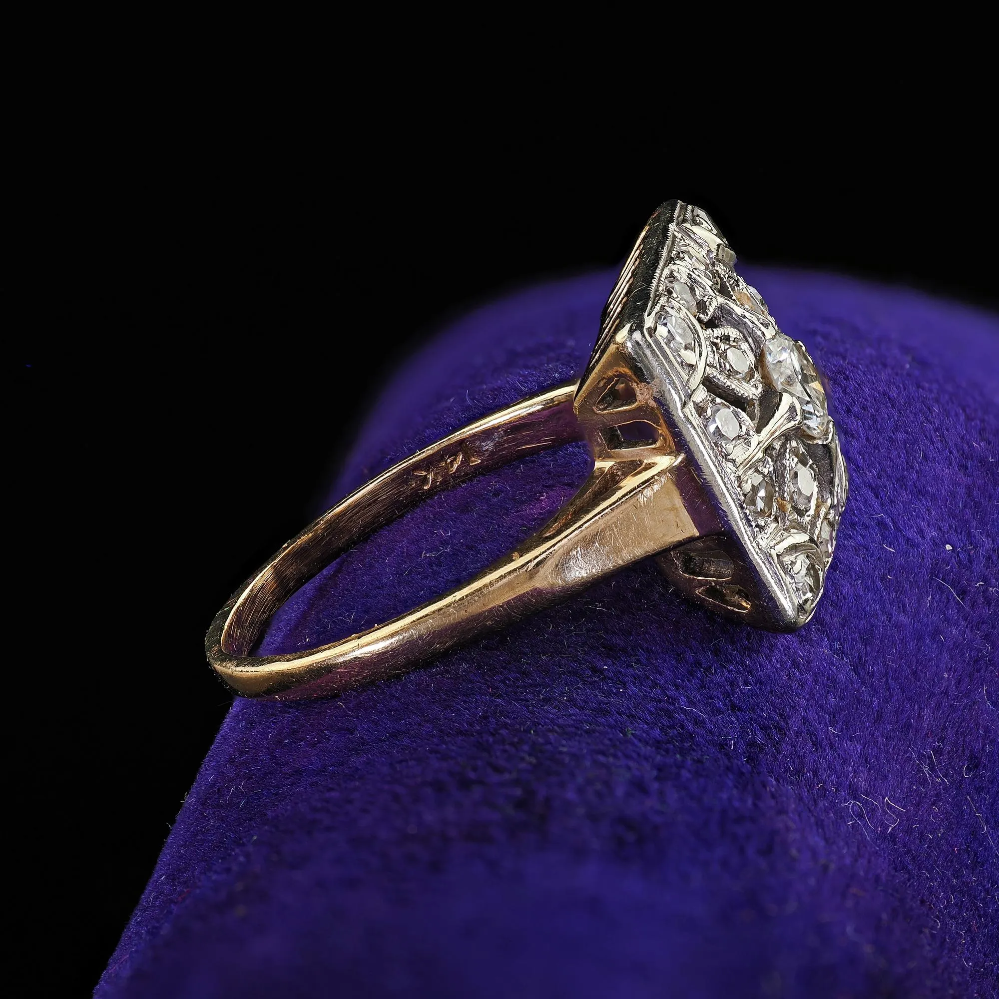 Antique Art Deco 14K Two Tone Gold Old Cut Diamond Filigree Cocktail Ring