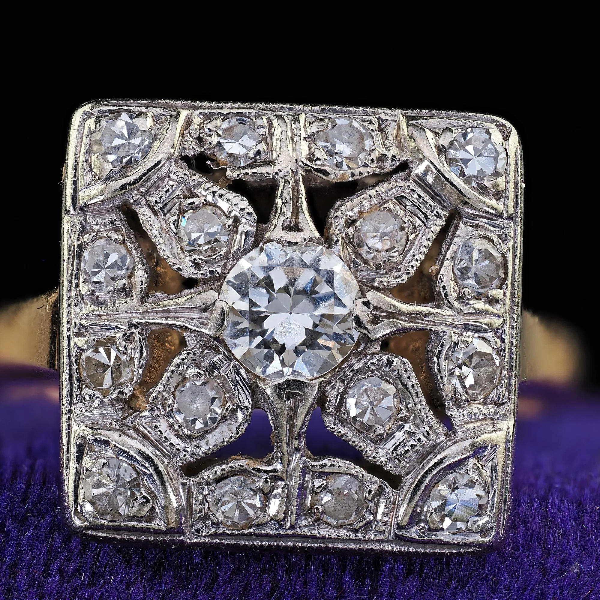 Antique Art Deco 14K Two Tone Gold Old Cut Diamond Filigree Cocktail Ring