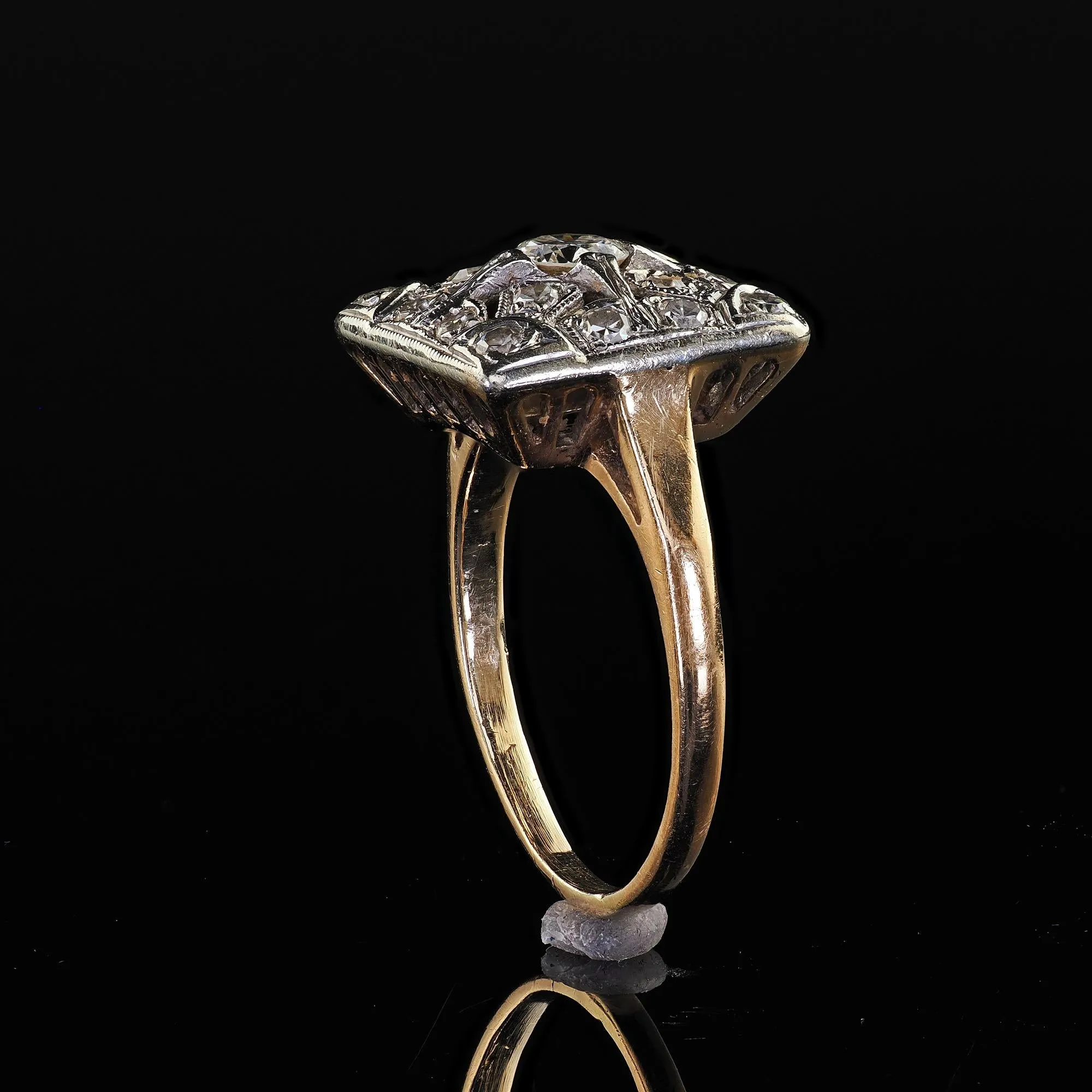 Antique Art Deco 14K Two Tone Gold Old Cut Diamond Filigree Cocktail Ring