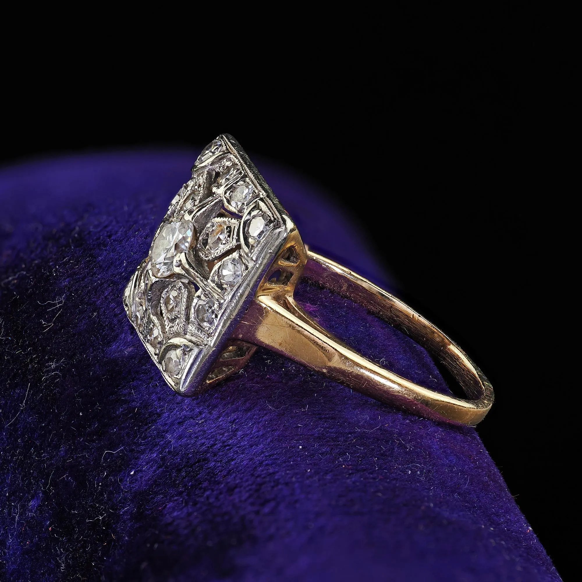 Antique Art Deco 14K Two Tone Gold Old Cut Diamond Filigree Cocktail Ring