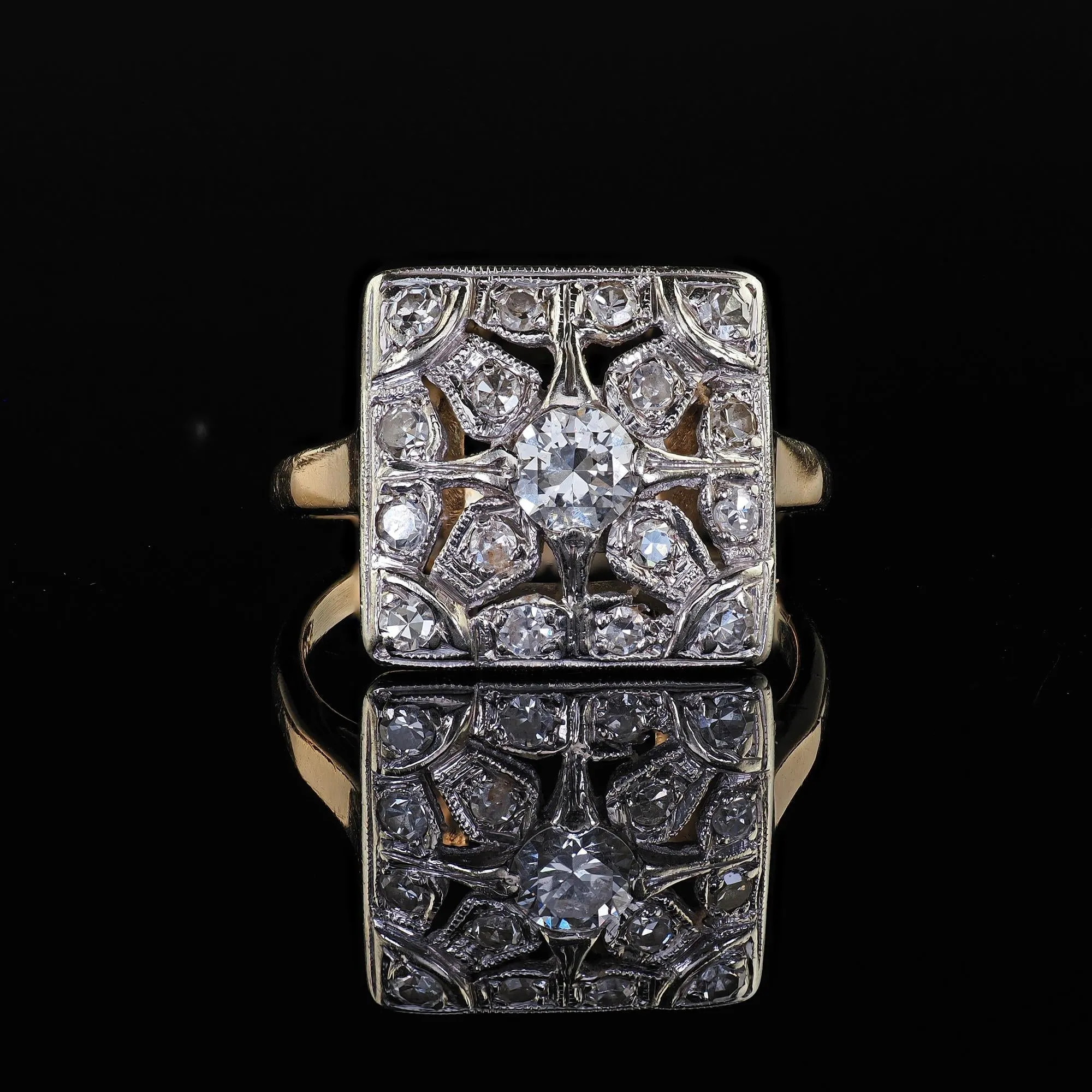 Antique Art Deco 14K Two Tone Gold Old Cut Diamond Filigree Cocktail Ring