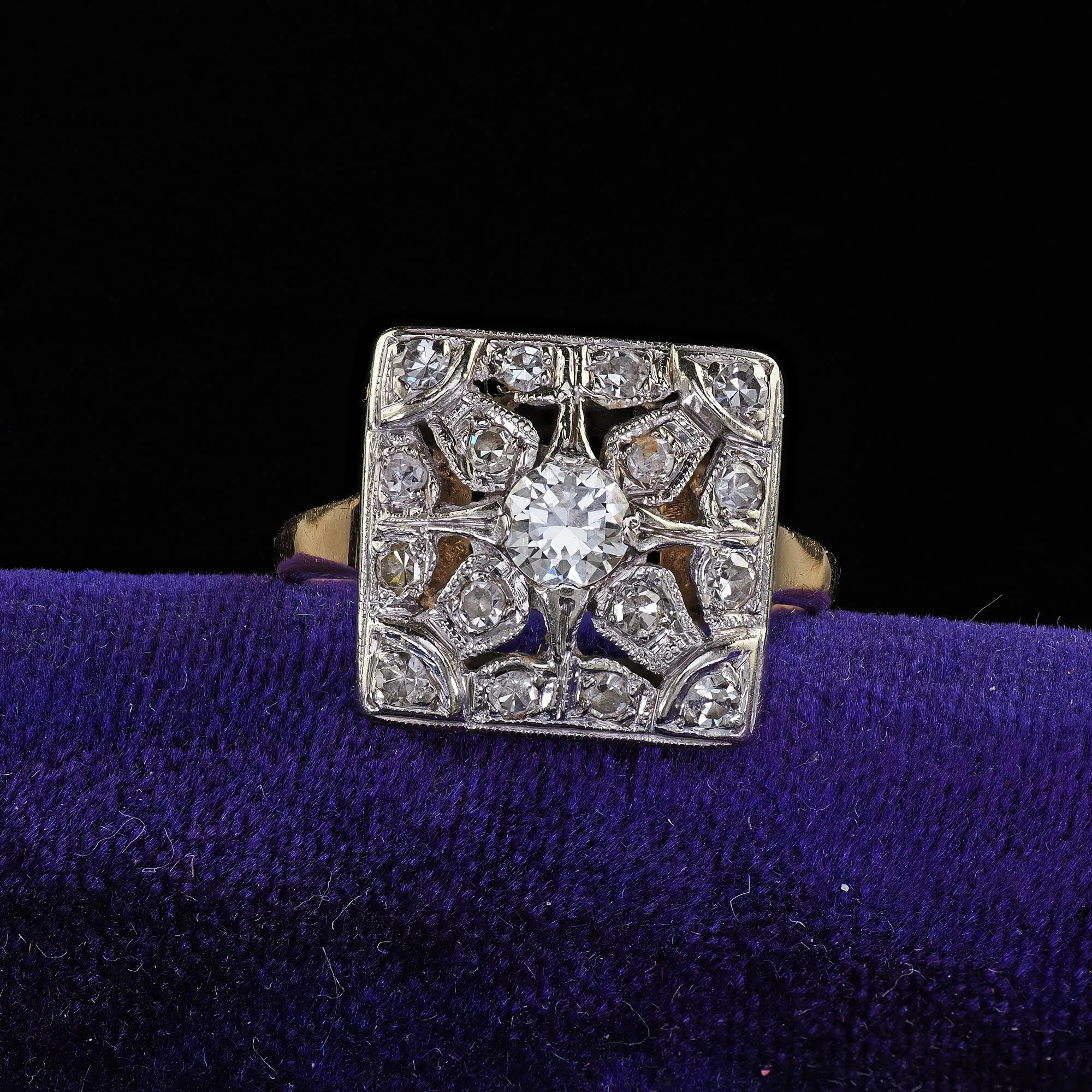 Antique Art Deco 14K Two Tone Gold Old Cut Diamond Filigree Cocktail Ring