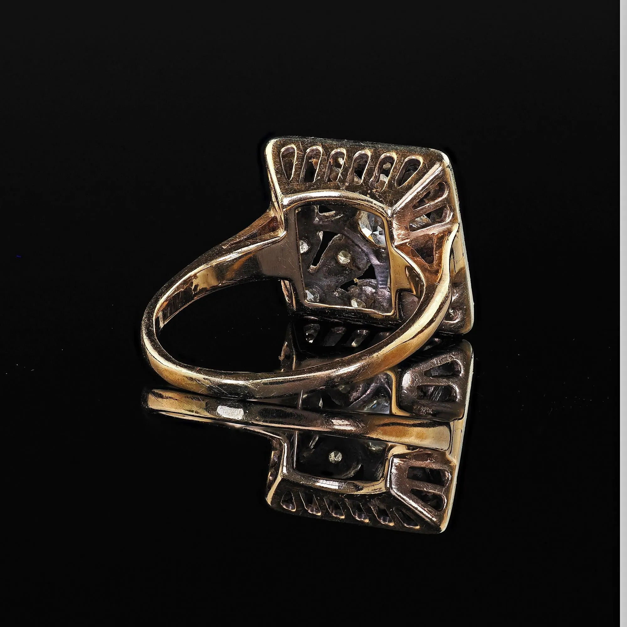 Antique Art Deco 14K Two Tone Gold Old Cut Diamond Filigree Cocktail Ring