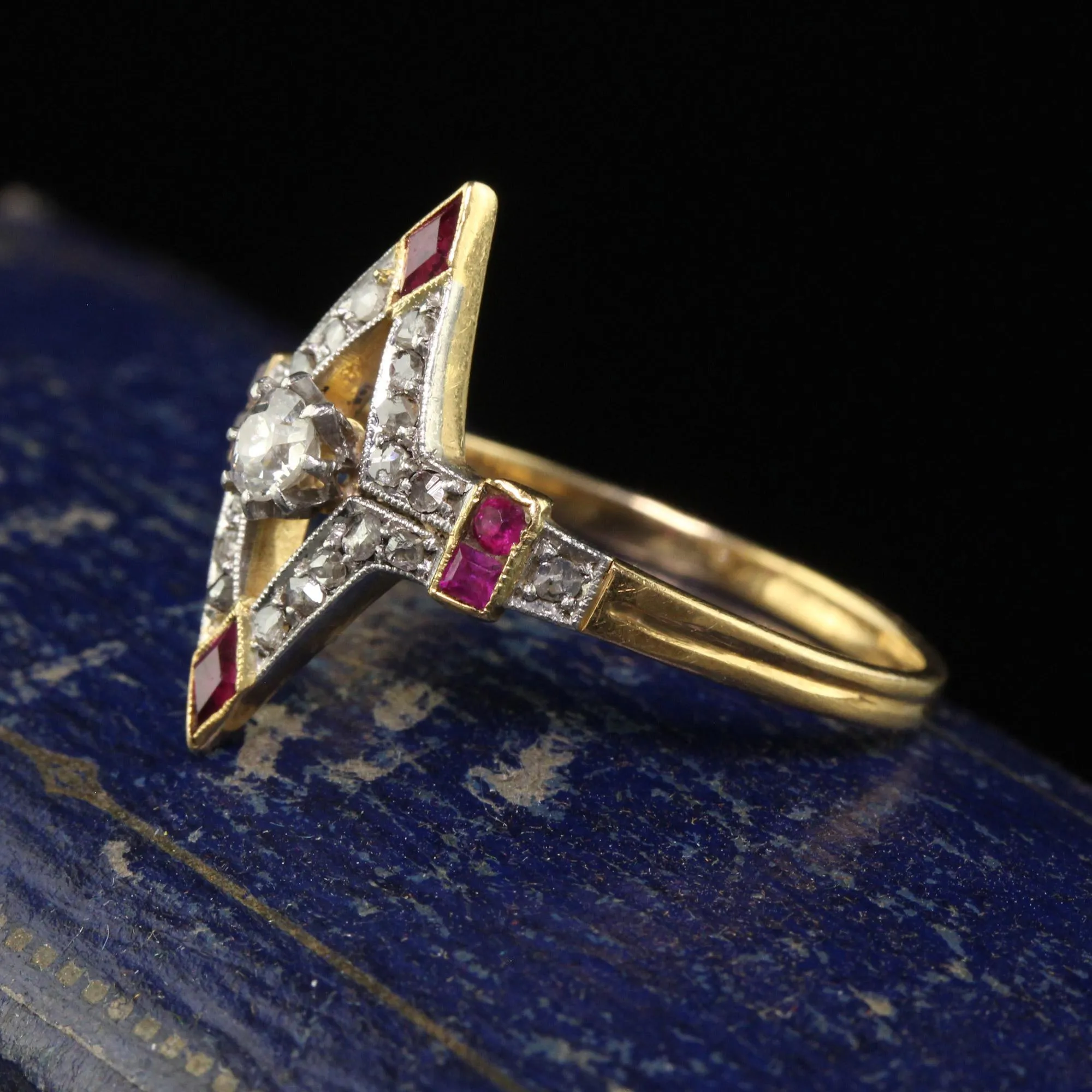 Antique Edwardian 18K Yellow Gold Platinum Old Cut Diamond Ruby Ring