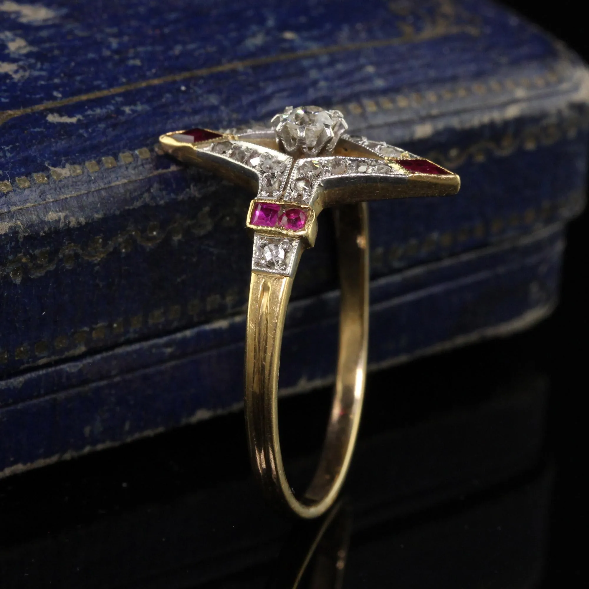 Antique Edwardian 18K Yellow Gold Platinum Old Cut Diamond Ruby Ring