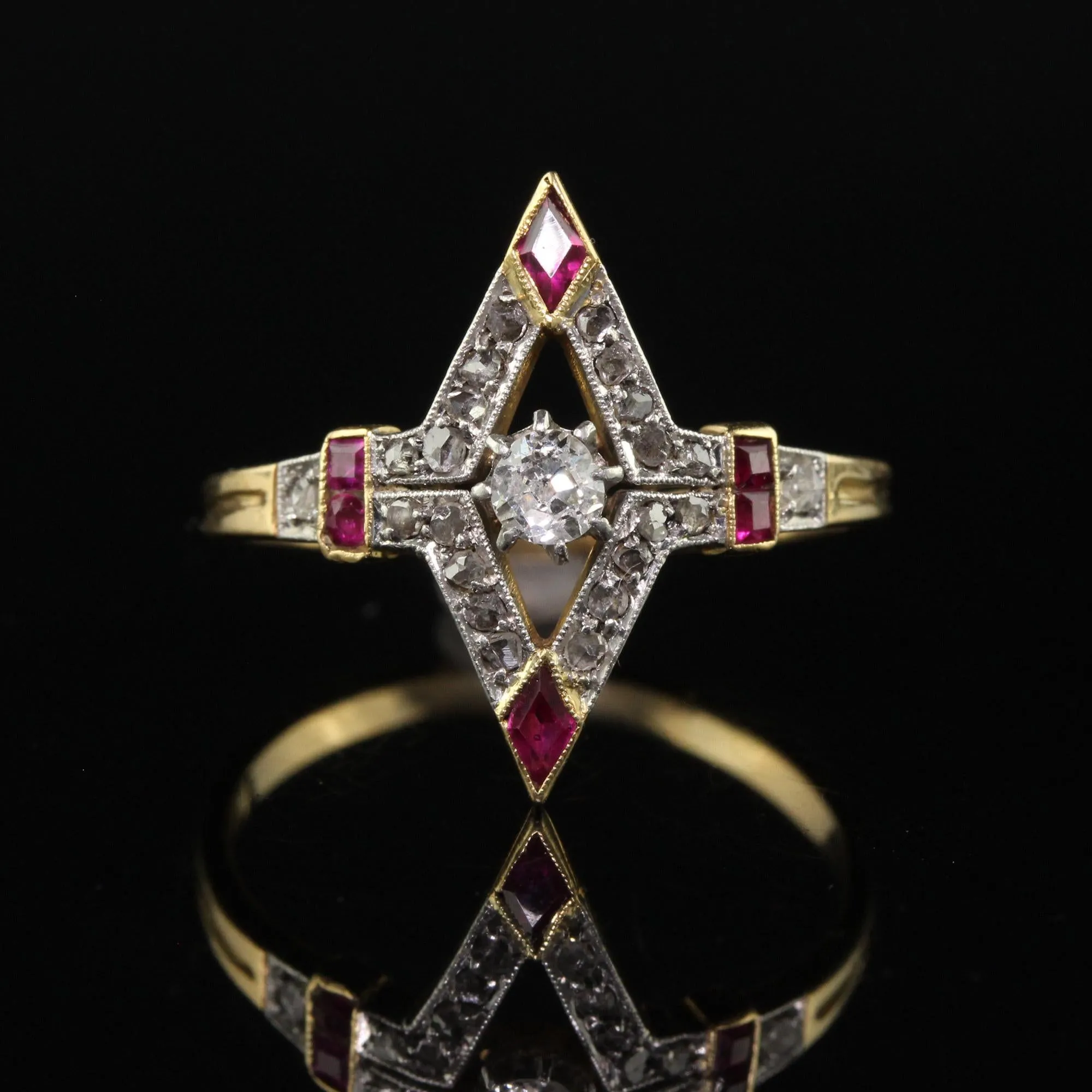 Antique Edwardian 18K Yellow Gold Platinum Old Cut Diamond Ruby Ring